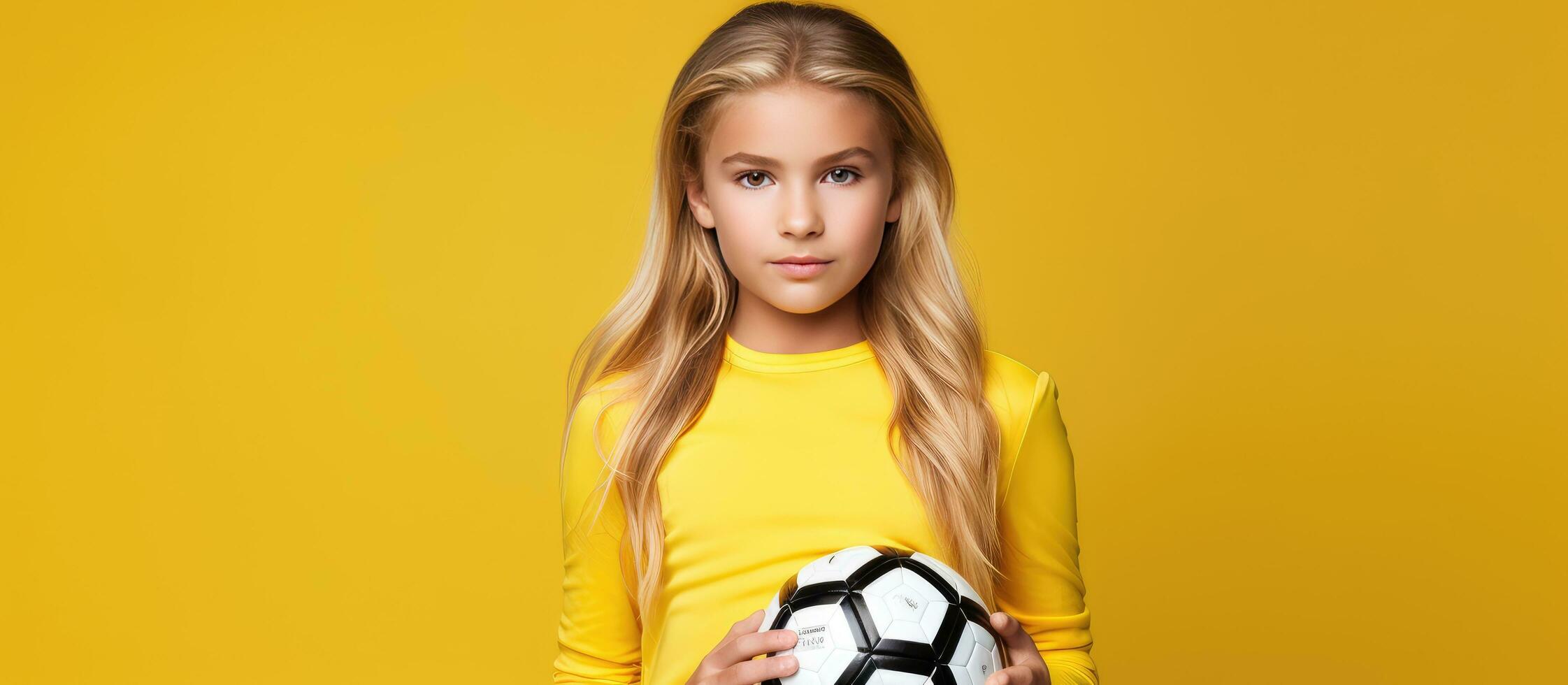 Blonde Caucasian girl holding soccer ball on yellow background kids football concept photo