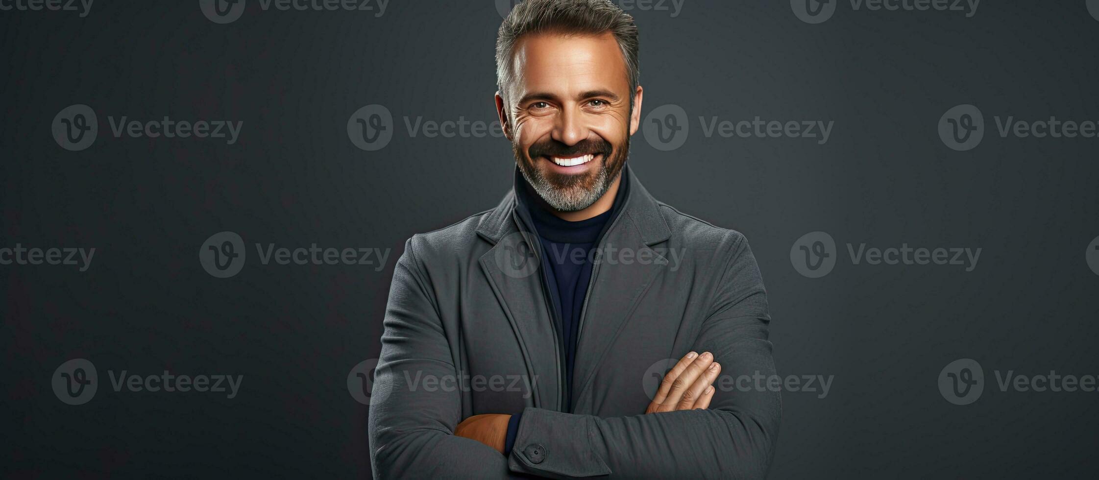 A friendly middle aged man with a beard confidently posing against a grey studio background arms folded and making eye contact with the camera photo