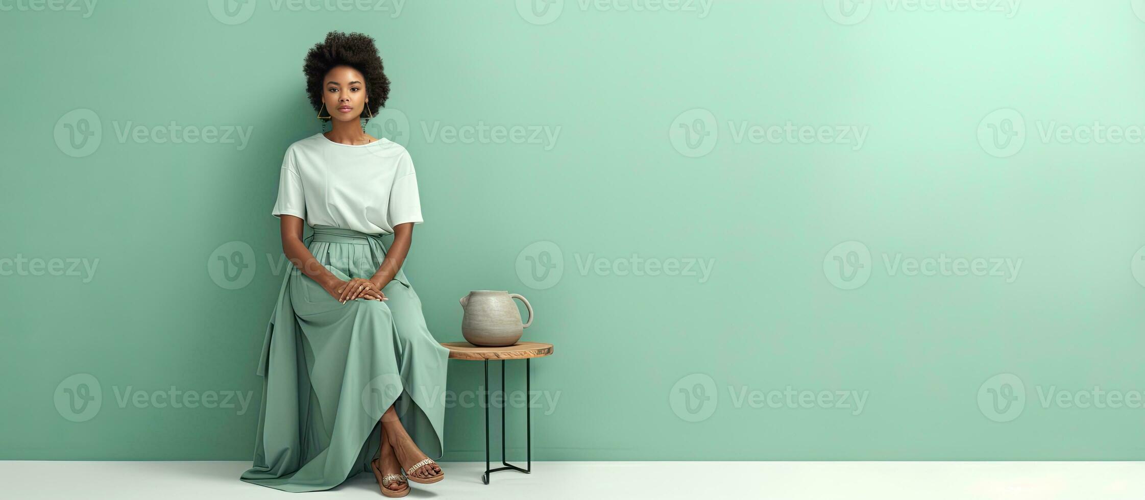Fashionable African woman poses for full length portrait on light green background with copy space hands in pockets barefoot photo