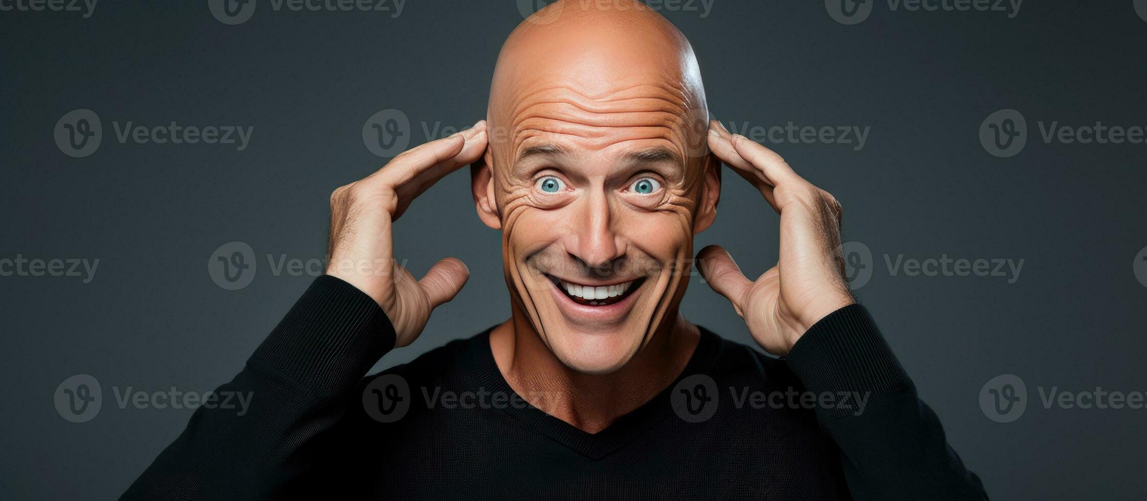 Mature bald man confidently poses with hand on head smiling at camera copy space photo