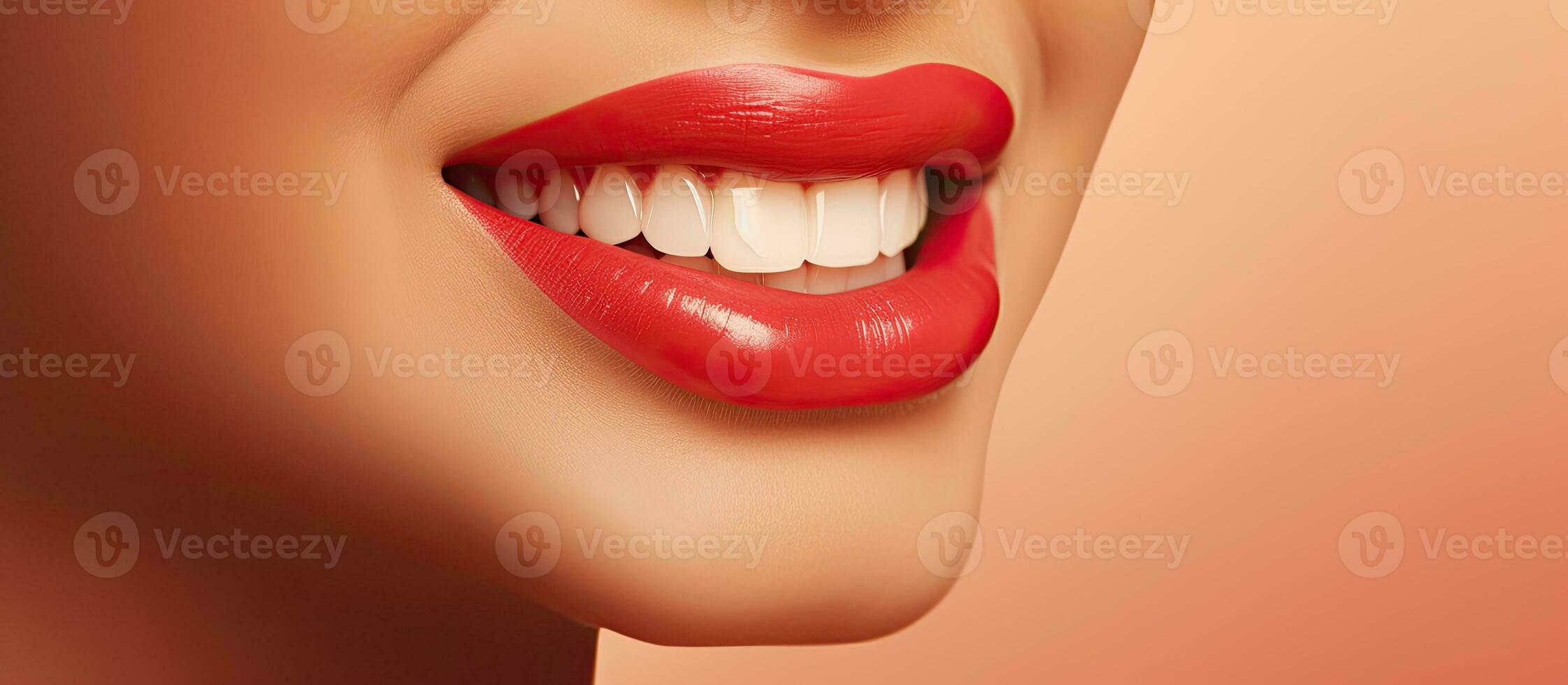 Close up photo of a beautiful young woman s face with bright lipstick smiling isolated on a beige background with empty area for text