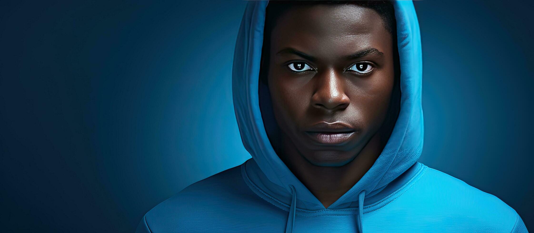 Studio portrait of a young African man wearing a blue hoodie with room for text photo