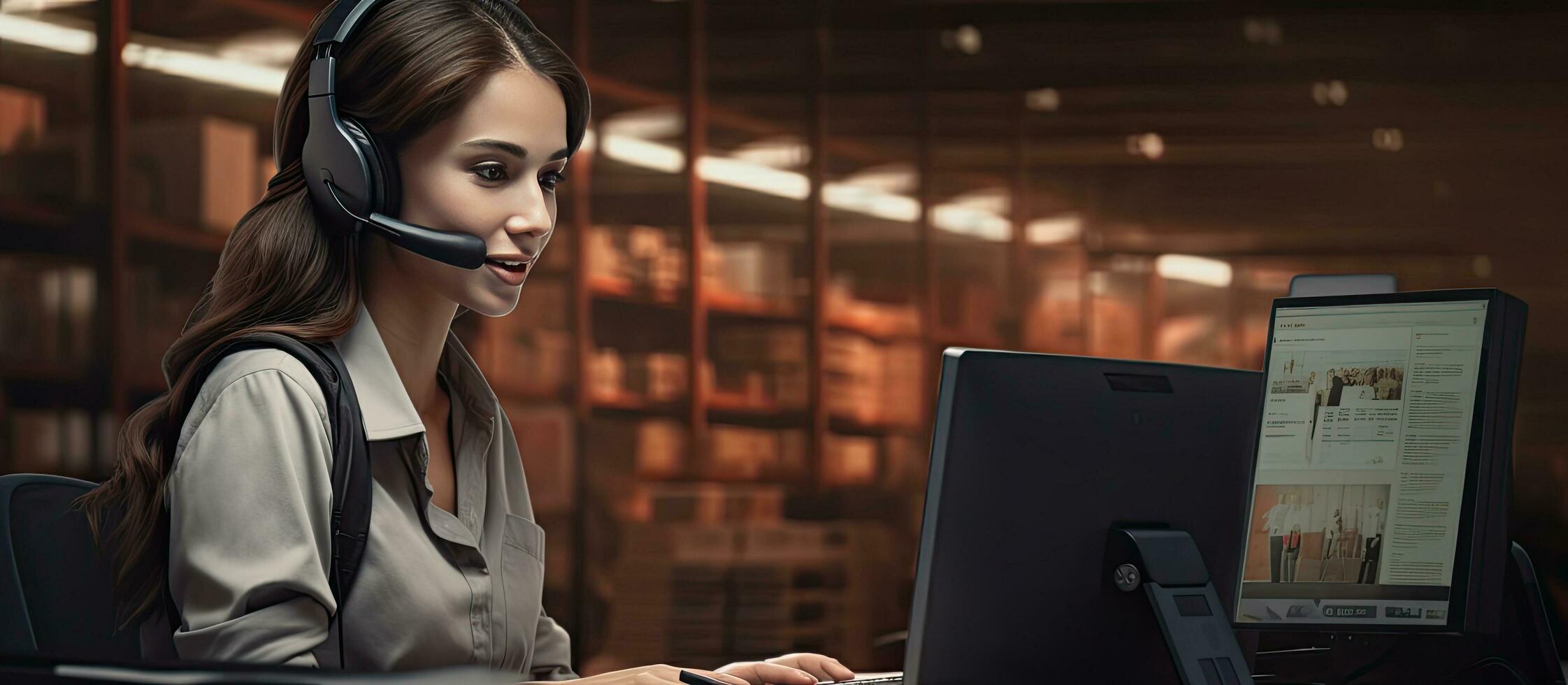 Female warehouse staff member with headset processing customer orders photo