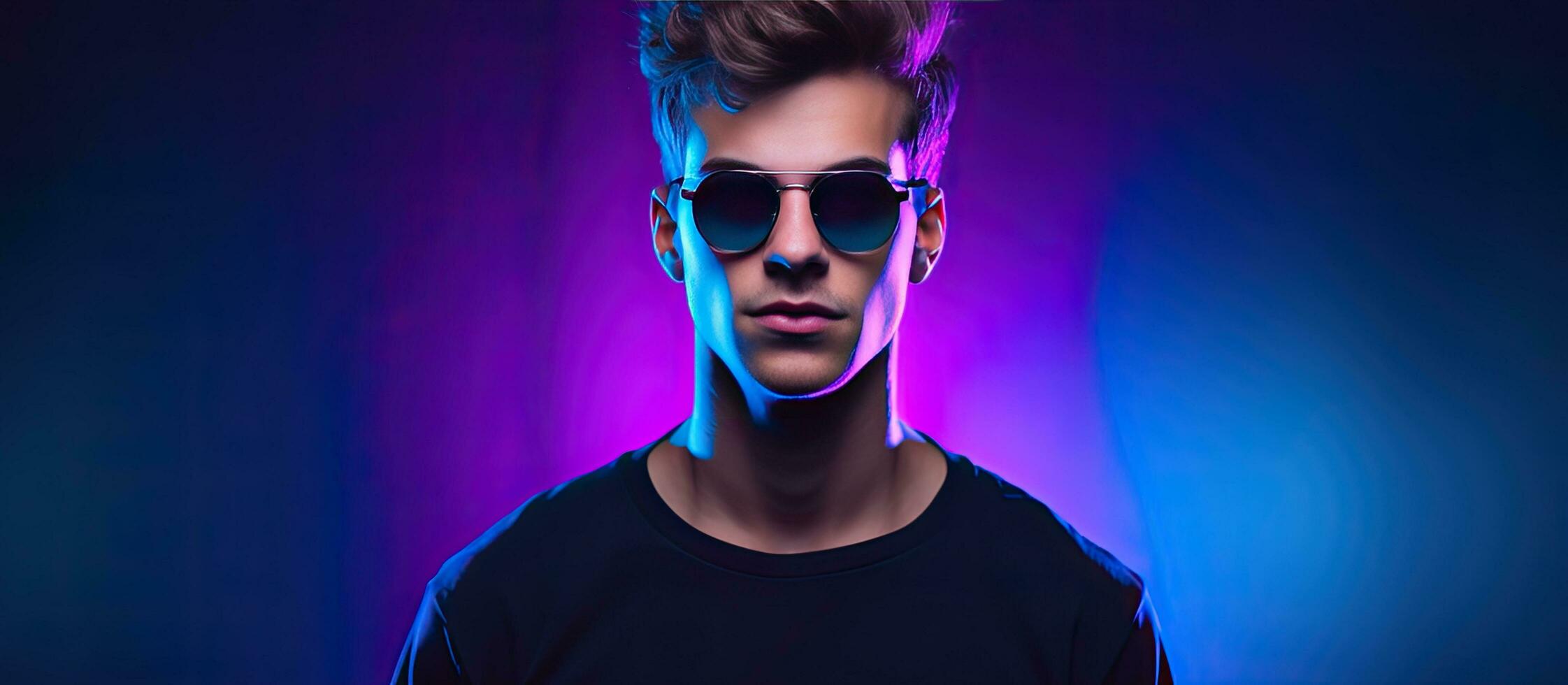 Fashionable male model wearing black clothes and glasses poses against a blue background with mixed neon lighting showcasing trendy fashion style for teen photo