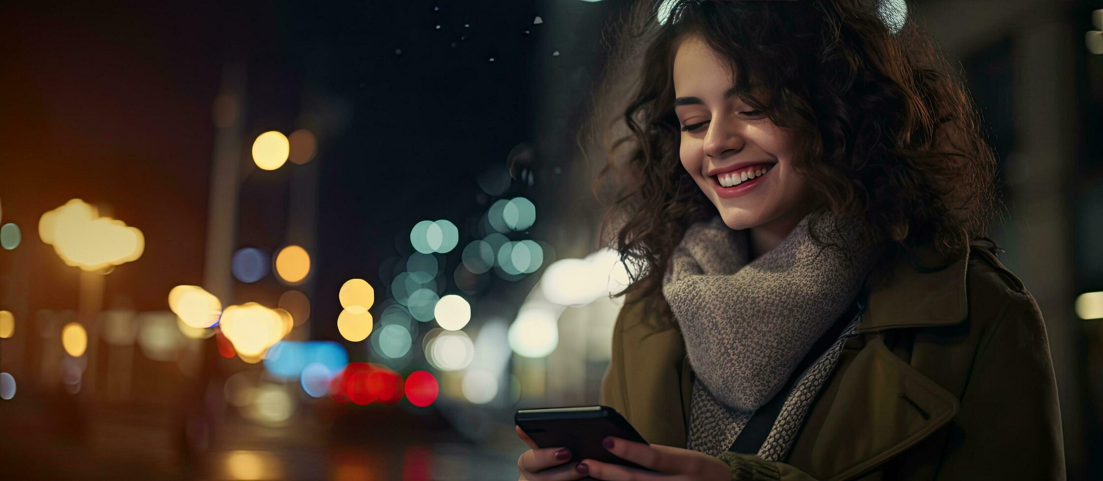 Happy European woman singing and enjoying music while walking at night with cellphone photo