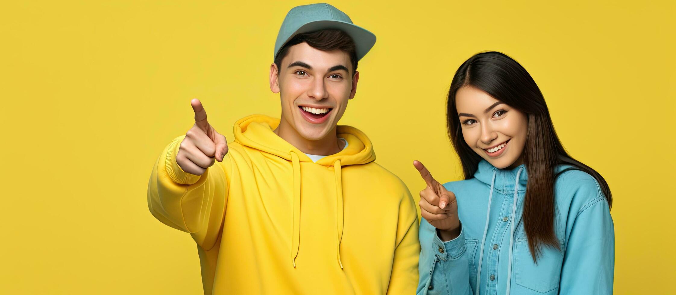 Young couple friends in casual clothes excitedly posing with laptop on yellow background photo