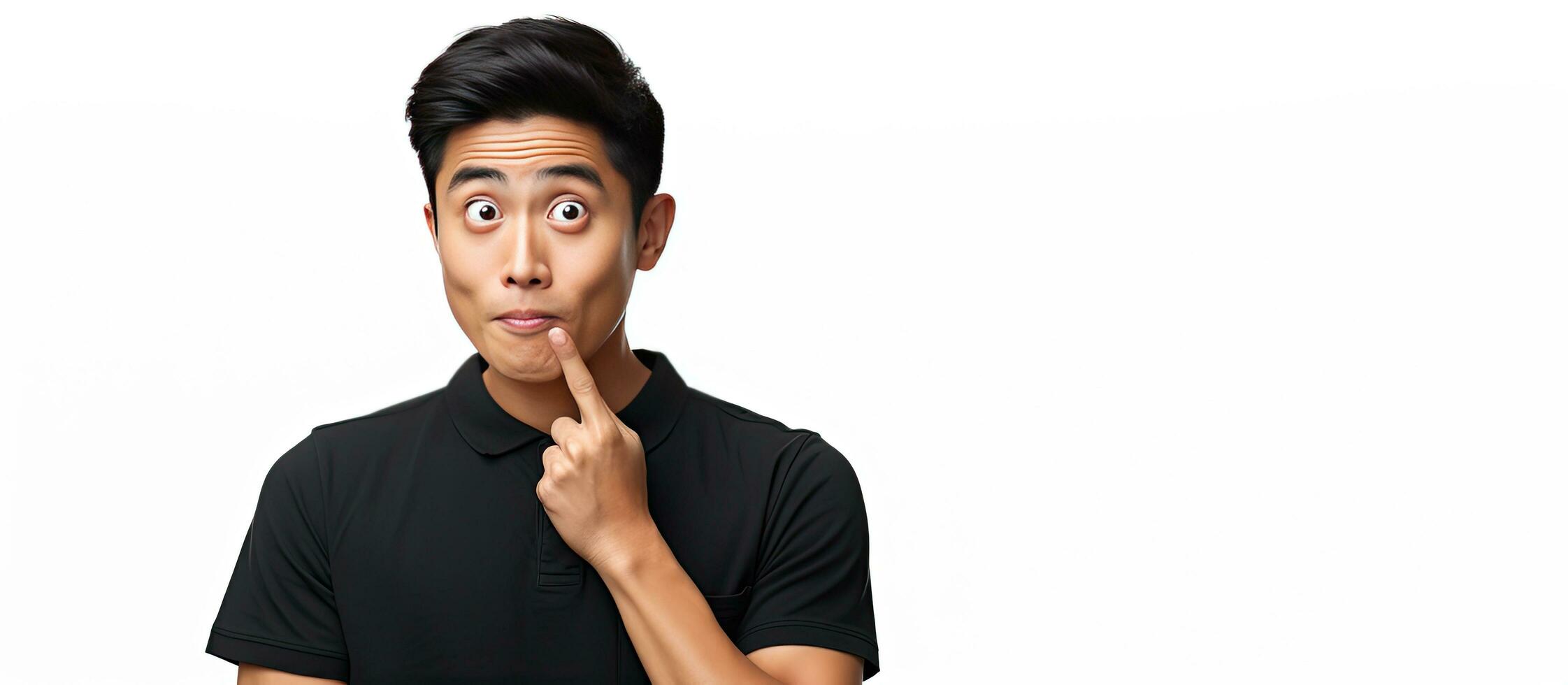 A young Asian man happily surprised holds empty space on palm hand on cheek in black polo shirt isolated on white backdrop photo