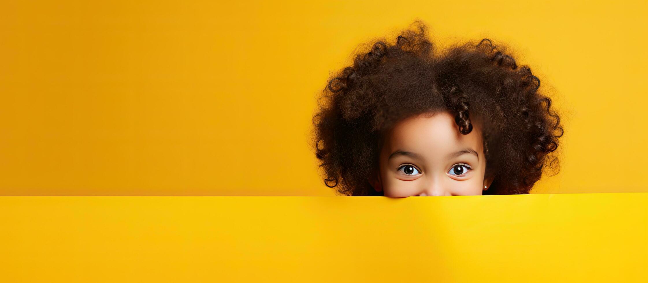 niño felizmente participación amarillo papel espacio para anuncio foto