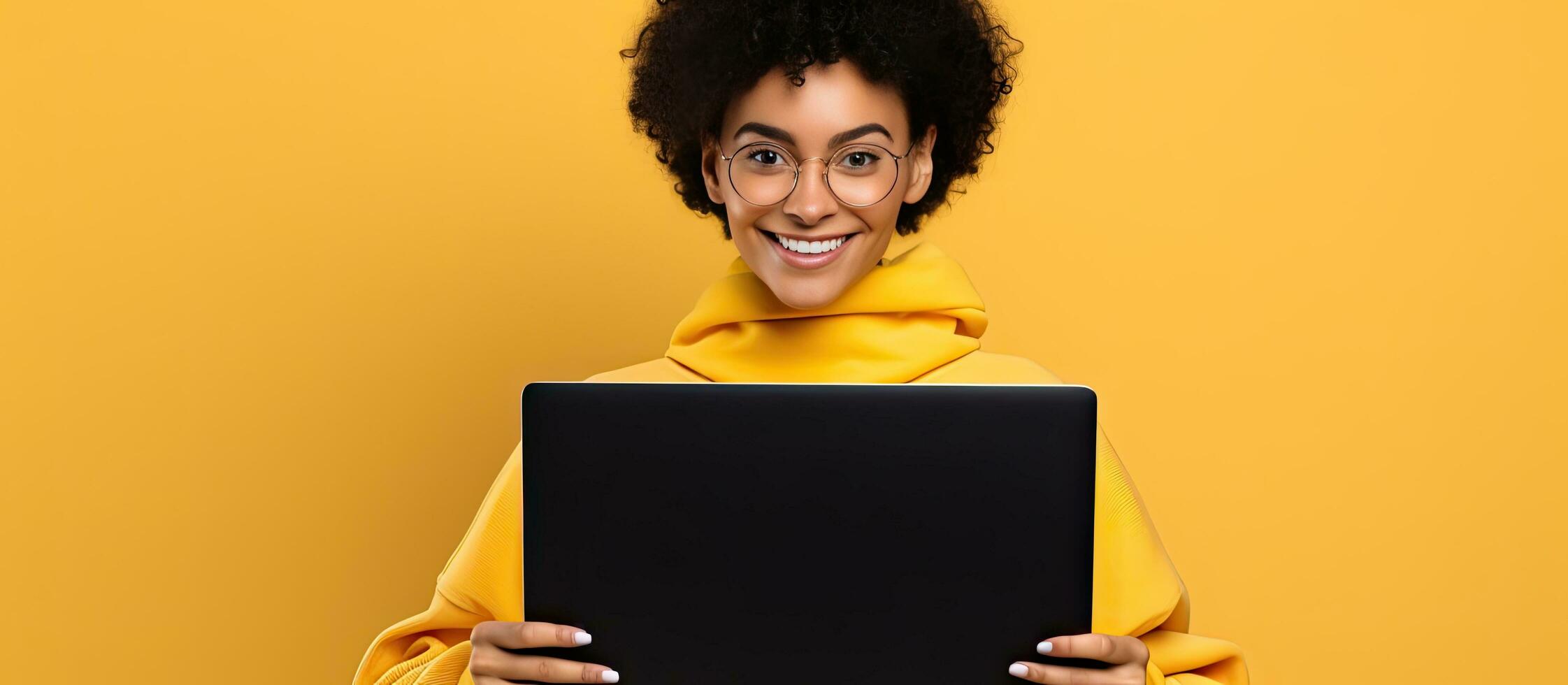 A young woman with a laptop and empty screen isolated on a yellow background photo