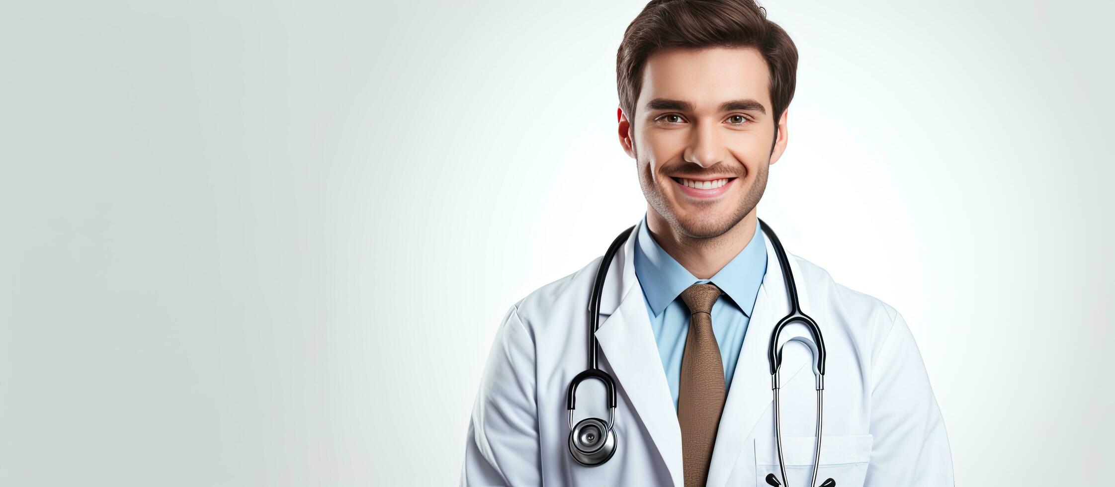 A male physician in a white coat and stethoscope smiling with good test results and looking at the camera on a white background with space for text photo