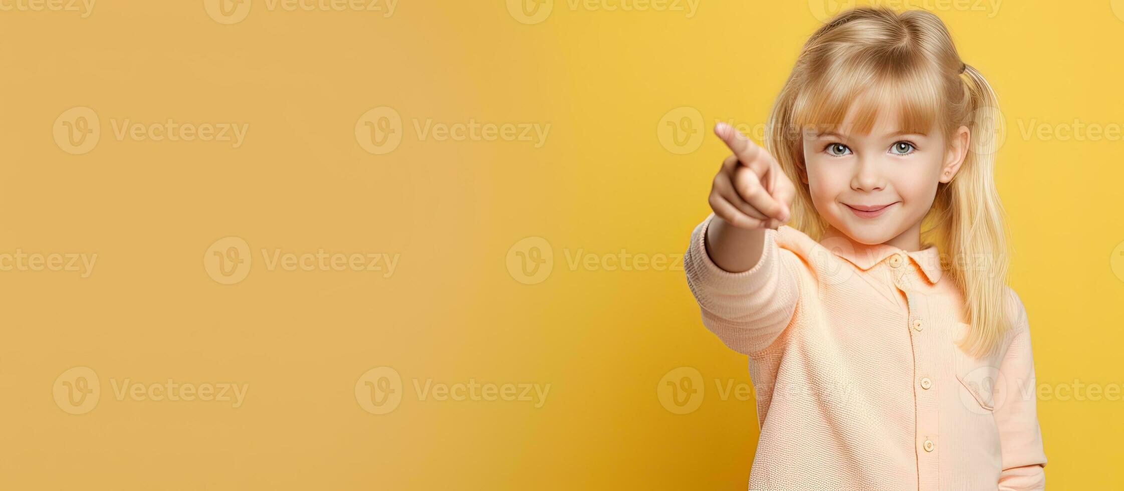 Blonde child pointing at empty space for advertising social media promotion and proposal announcement photo