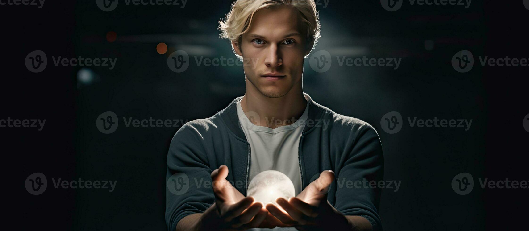 Blonde adult man holding an object displaying it for advertising photo