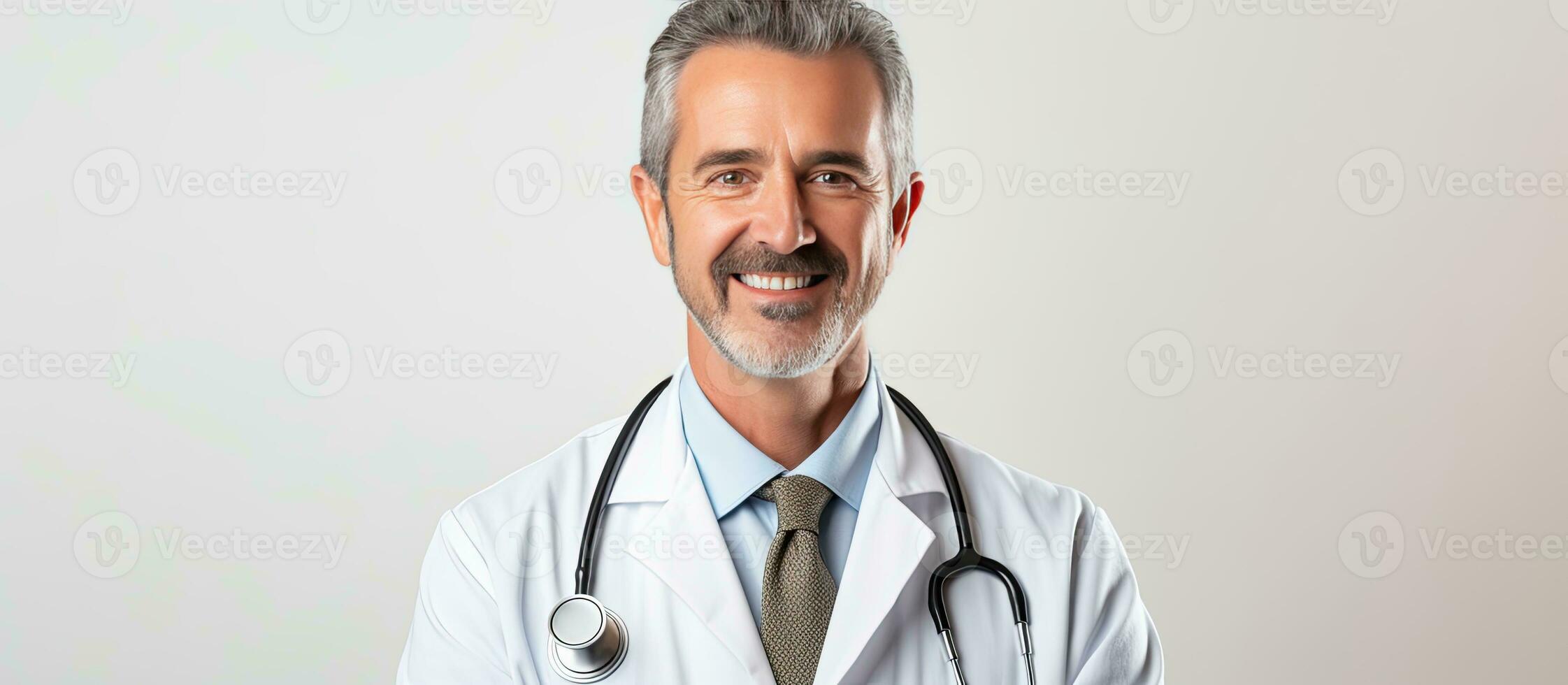 A male physician in a white coat and stethoscope smiling with good test results and looking at the camera on a white background with space for text photo