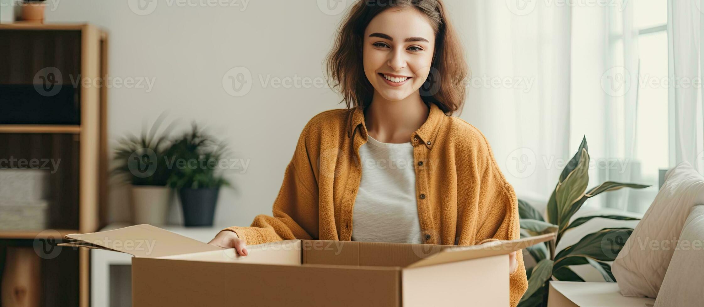 Woman with short hair happily unpacking in cozy bedroom of new home with window and empty space photo