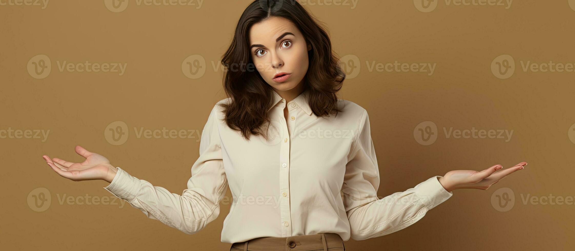 Confused young woman with blank copy space standing against brown background in shirt and trousers raises palm in confusion for your advertising content photo