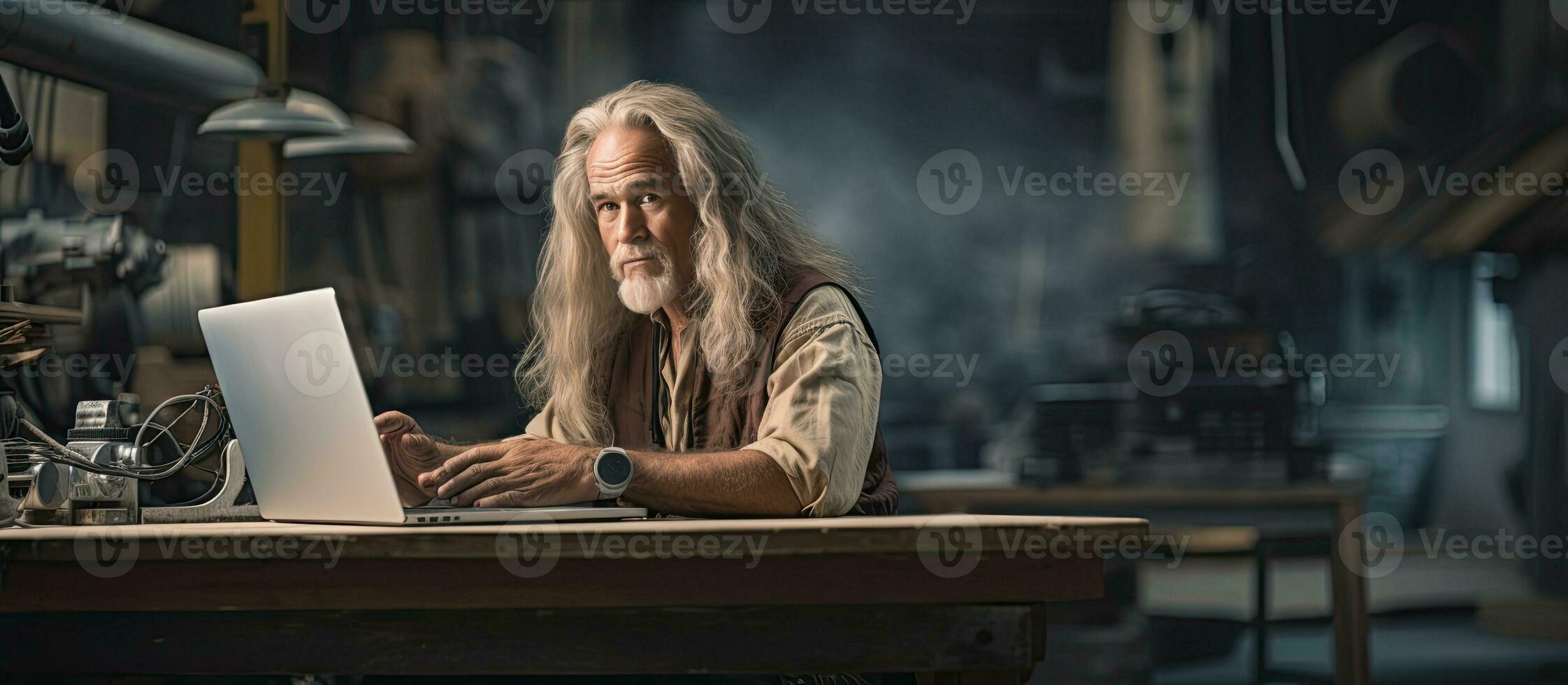 Portrait of elderly man in workshop making arm prosthetics and using laptop empty area photo