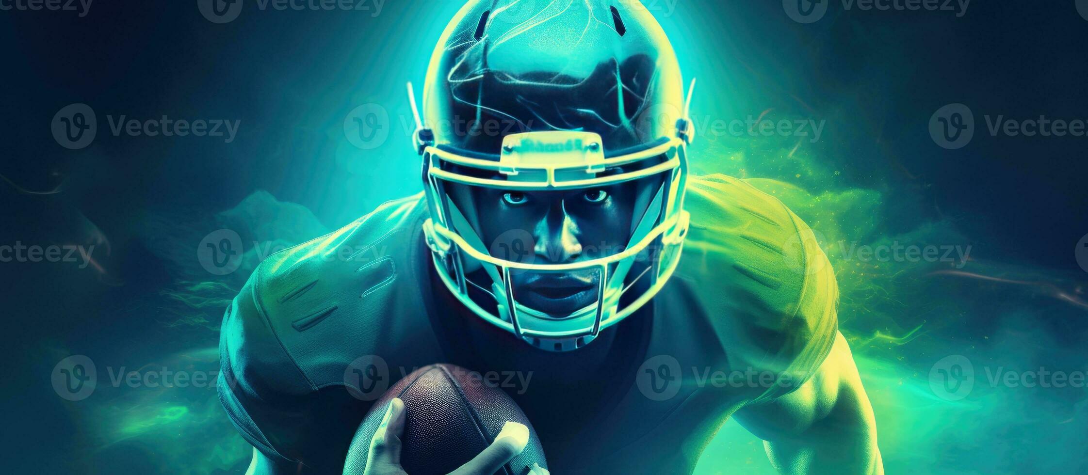 Neon colored banner with copy space for bookmaker ads featuring an American football player Ideal for betting advertisements Includes sports betting footb photo