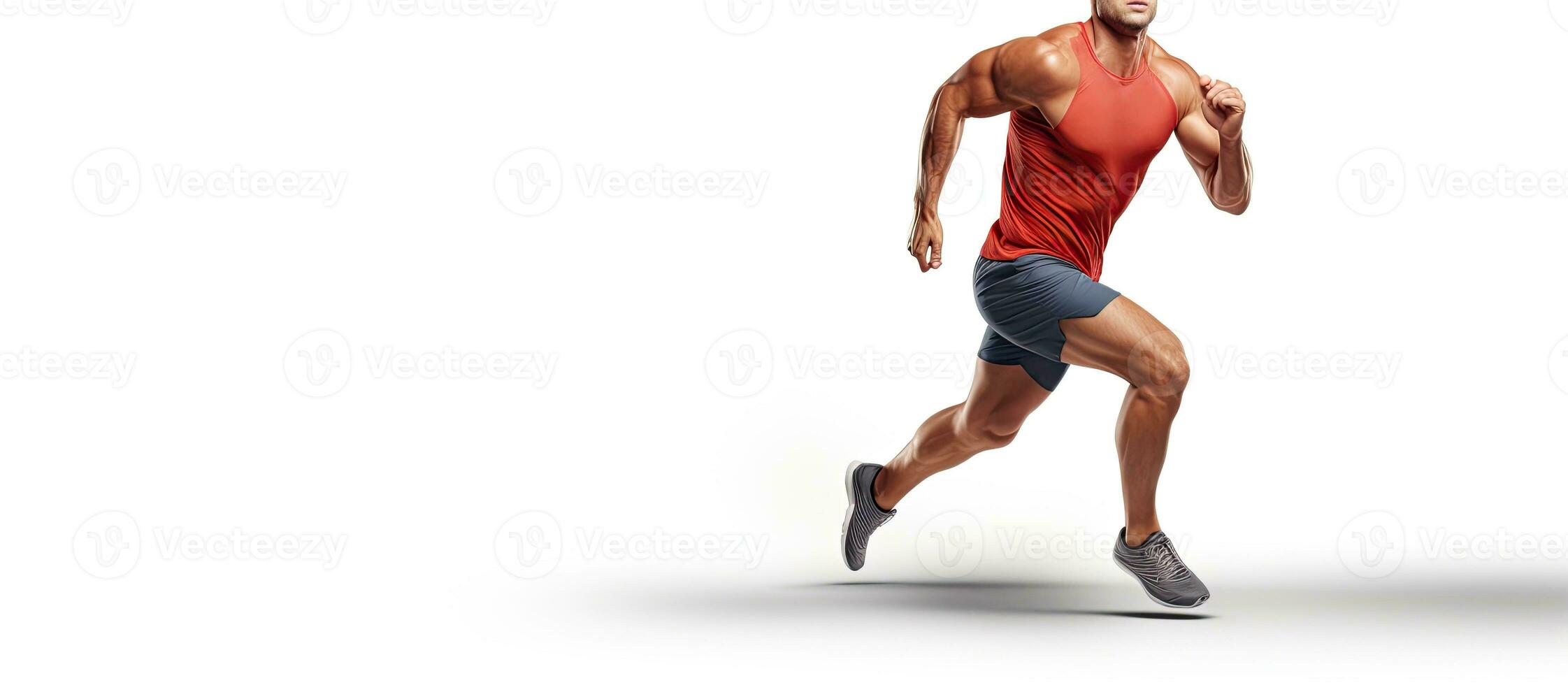 Runner sprinting towards finish line in studio with blank banner photo