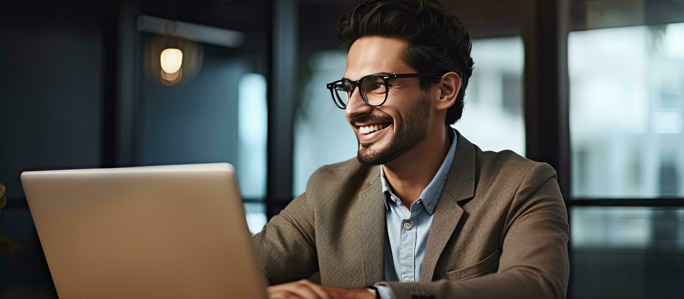 Happy Latin businessman wearing glasses working at laptop in office and not looking at screen Young male professional using computer at desk thinking of c photo