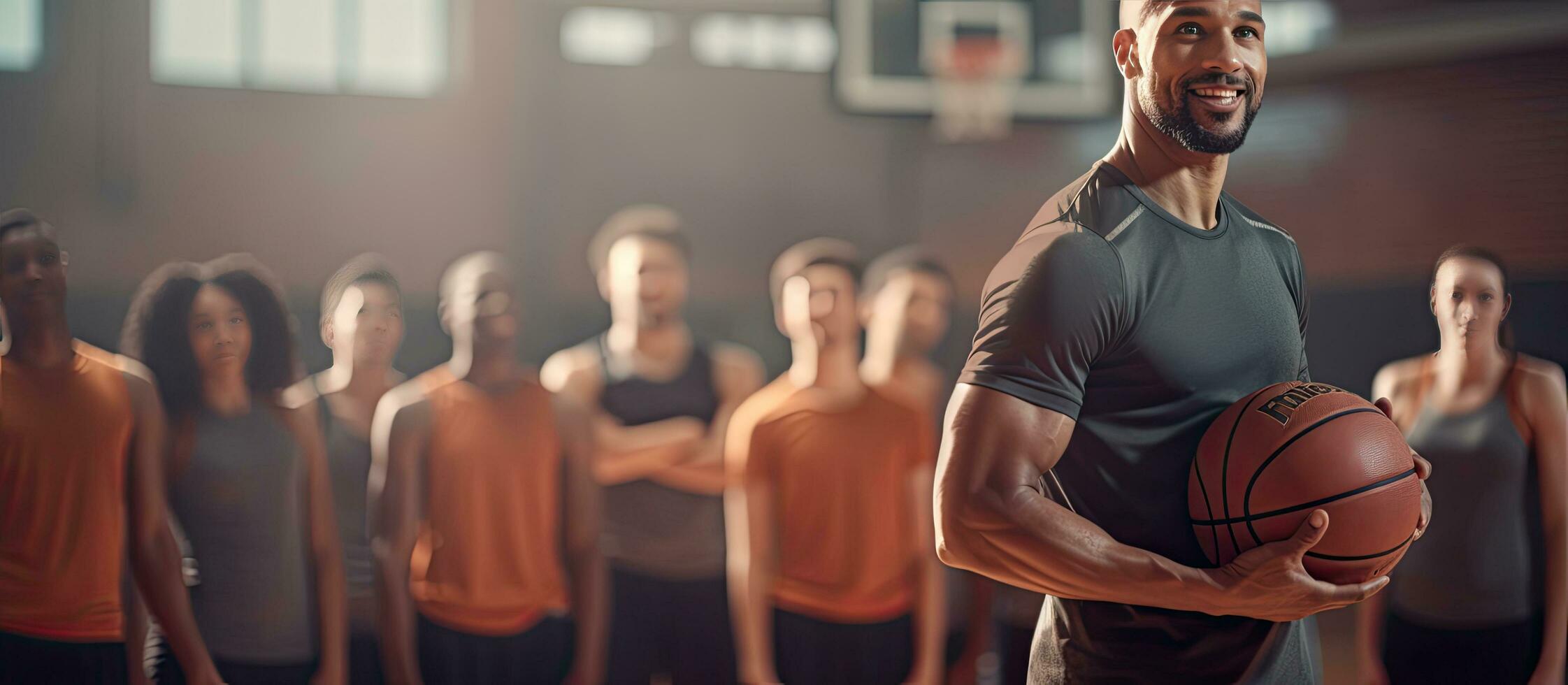 masculino baloncesto entrenador con diverso jugadores a gimnasio Copiar espacio deporte unidad y estilo de vida permanecer inafectado foto