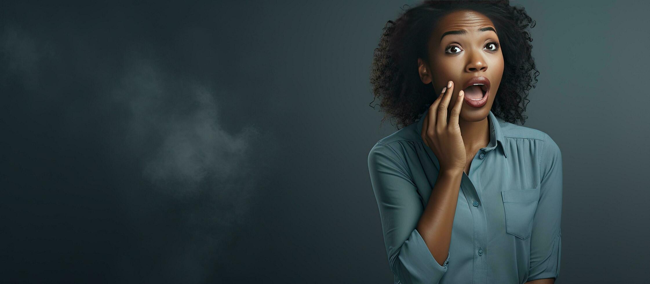 An African girl makes a loud announcement about a great commercial offer with falling prices while posing on a grey background photo