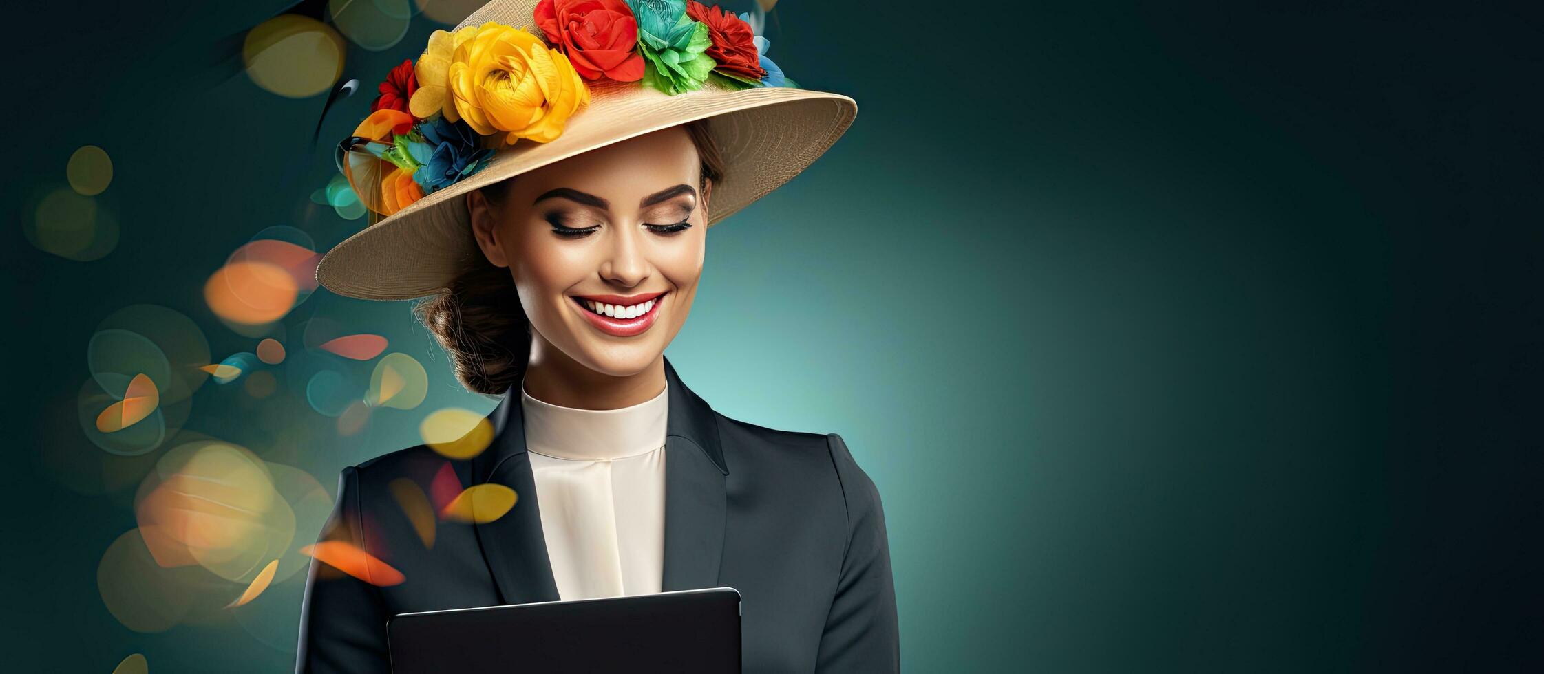 Happy businesswoman holding a tablet with mock text bubbles Concept of online communication and consulting photo