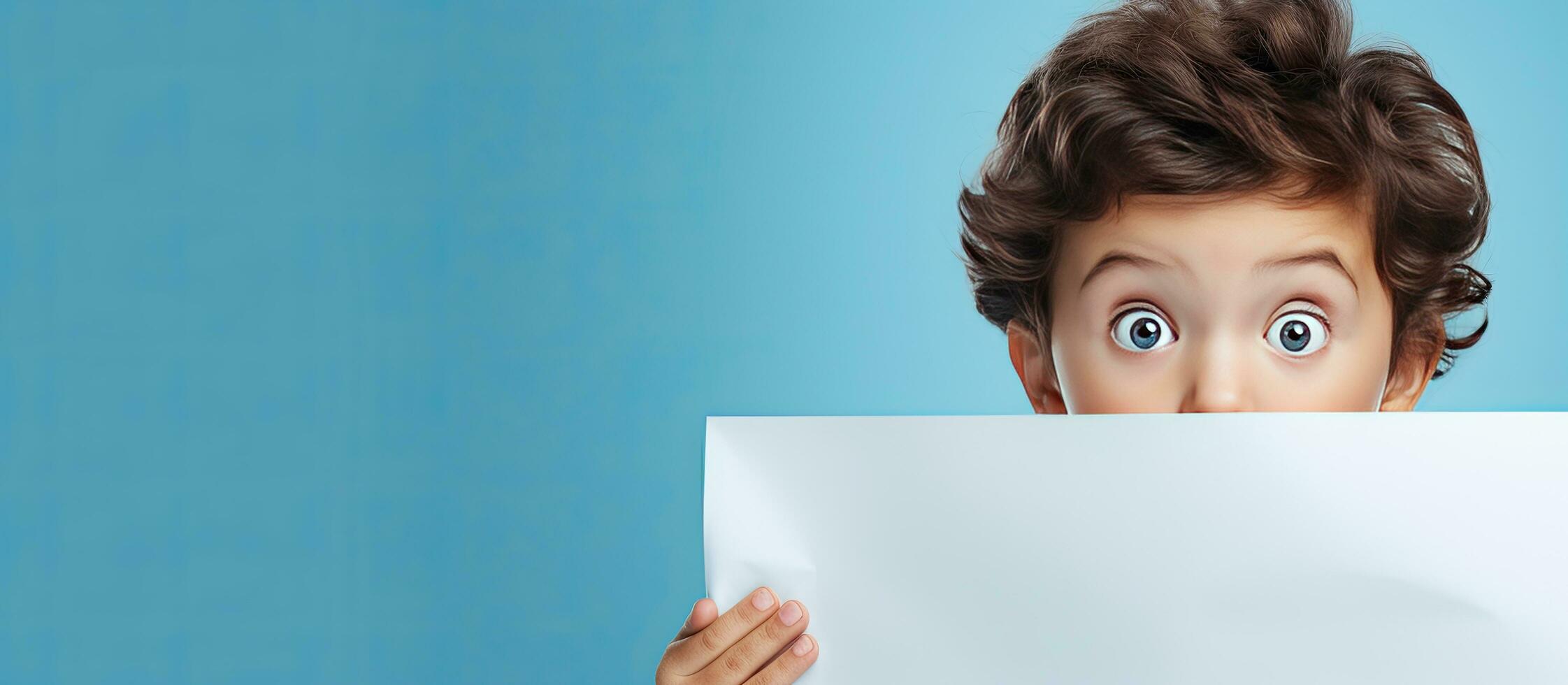 Surprised child hiding behind plain blue sheet for ad photo