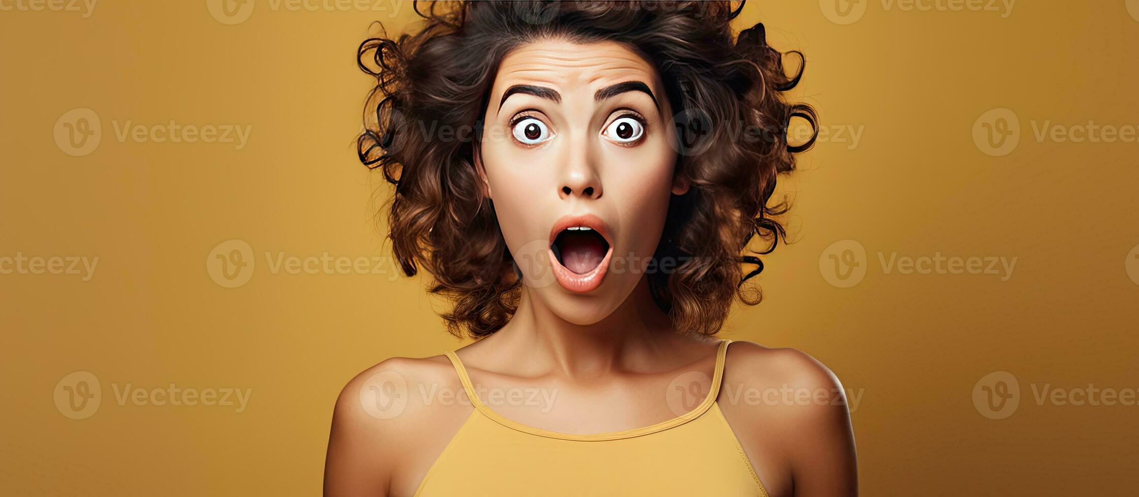 Shocked and surprised young woman pointing with amazed expression photo
