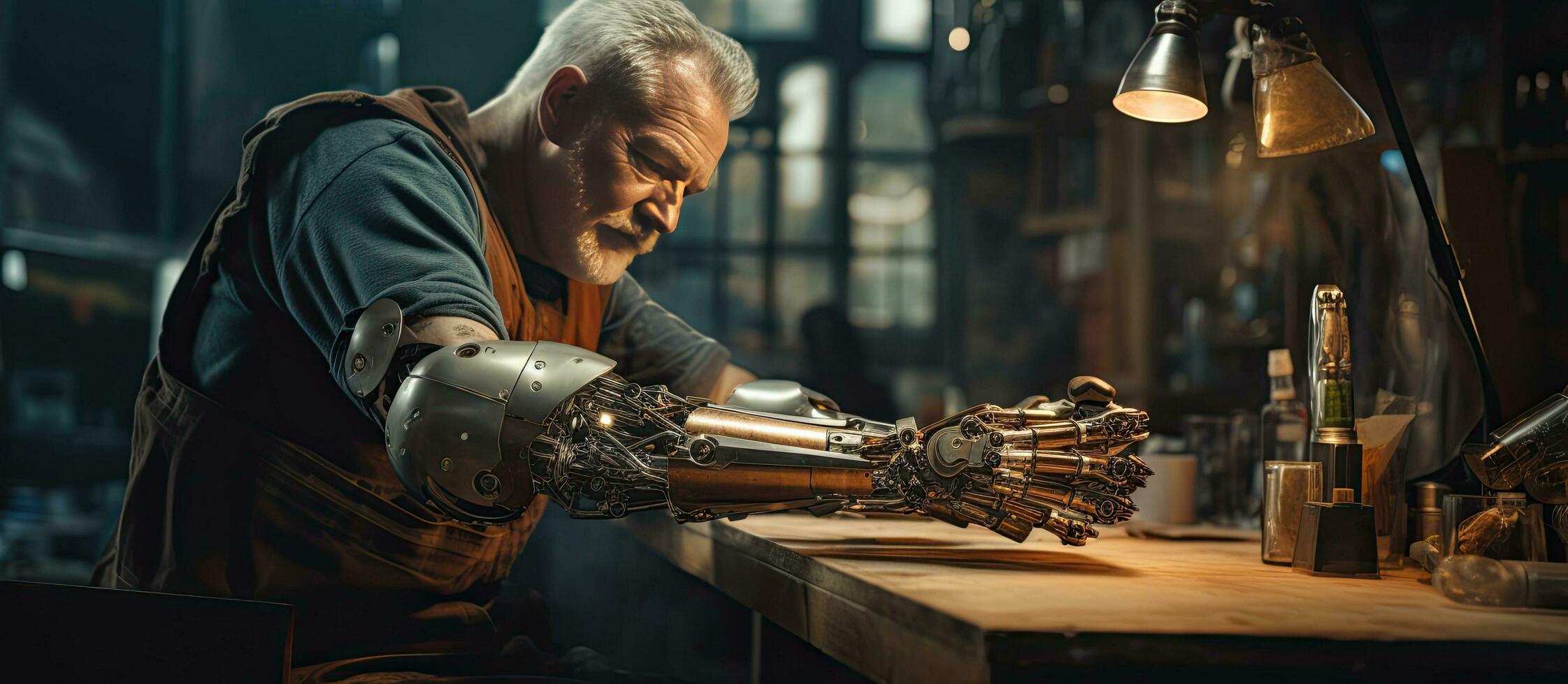 Senior man building arm prosthetics measuring parts in workshop photo