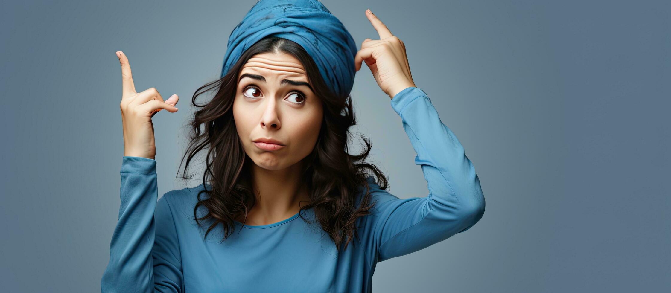 Puzzled Arab woman in blue pajama with open palm and pointing finger to forehead photo