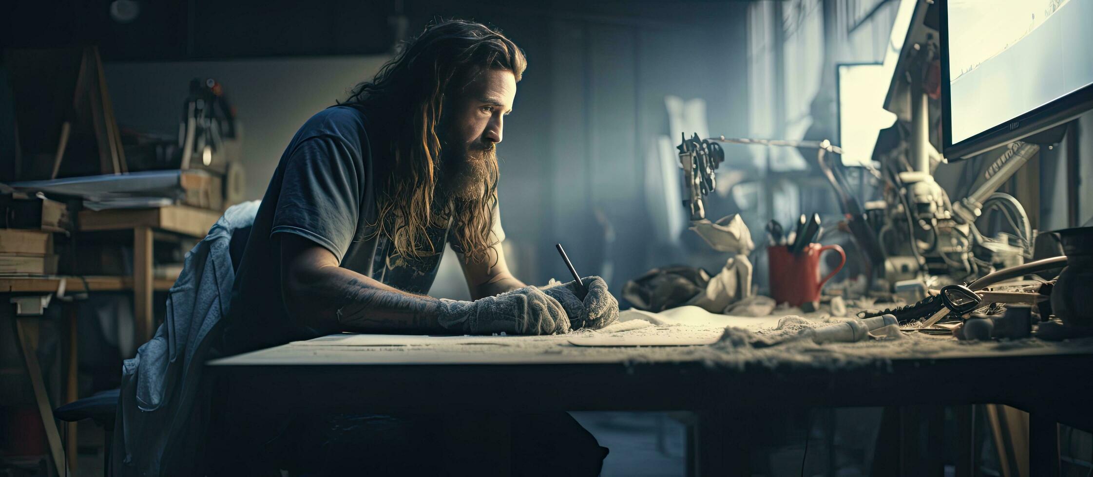 Senior man with long hair working on leg prosthetics in workshop using laptop photo