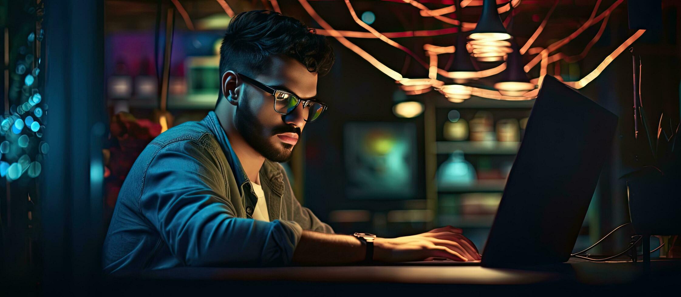 Middle Eastern man with glasses using computer in illuminated booth with space for text photo
