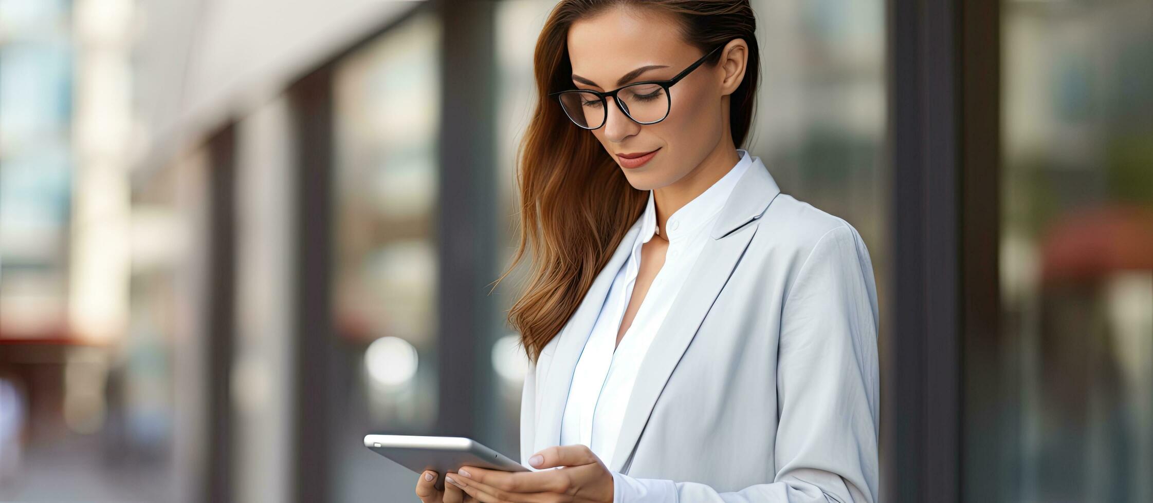 A Caucasian female entrepreneur or secretary using a digital tablet at her office desk for online search wearing a shirt photo