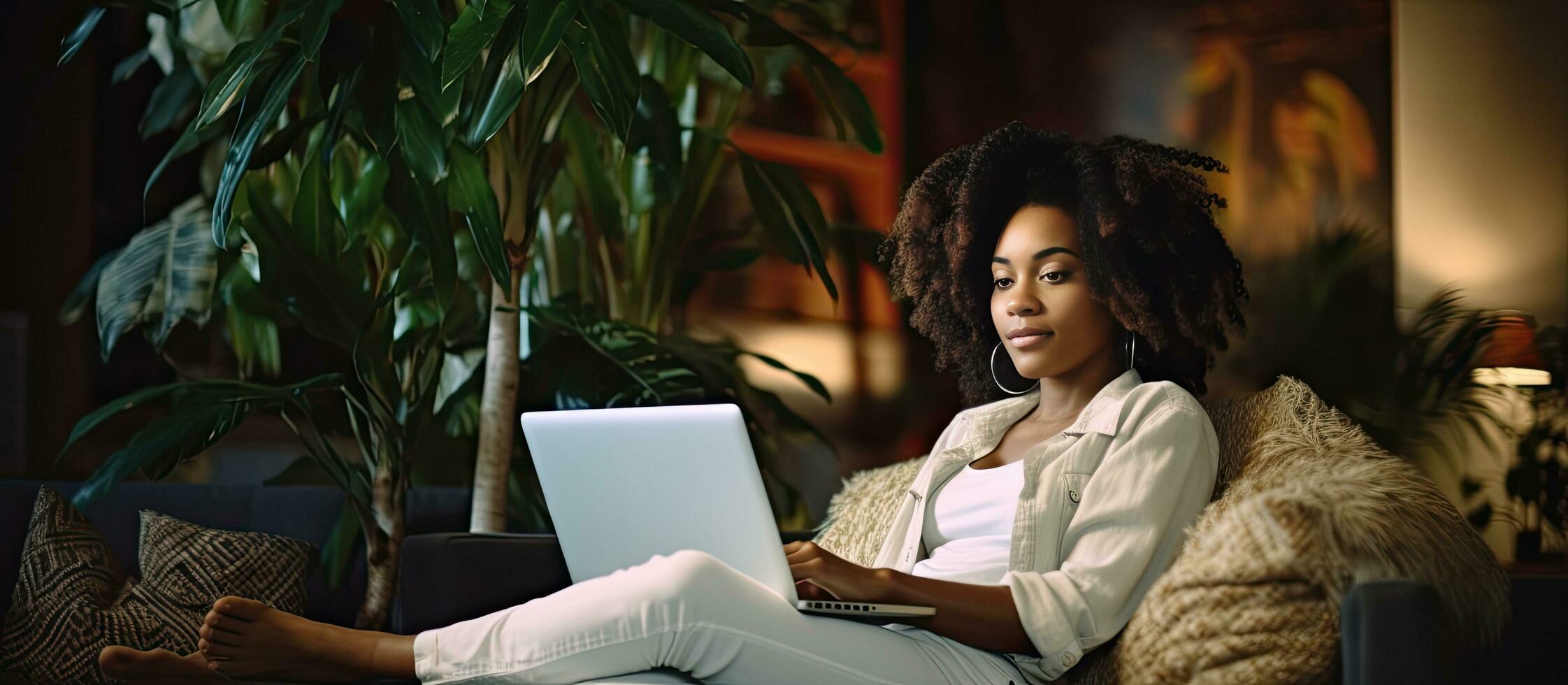 African American woman at home using laptop on sofa photo