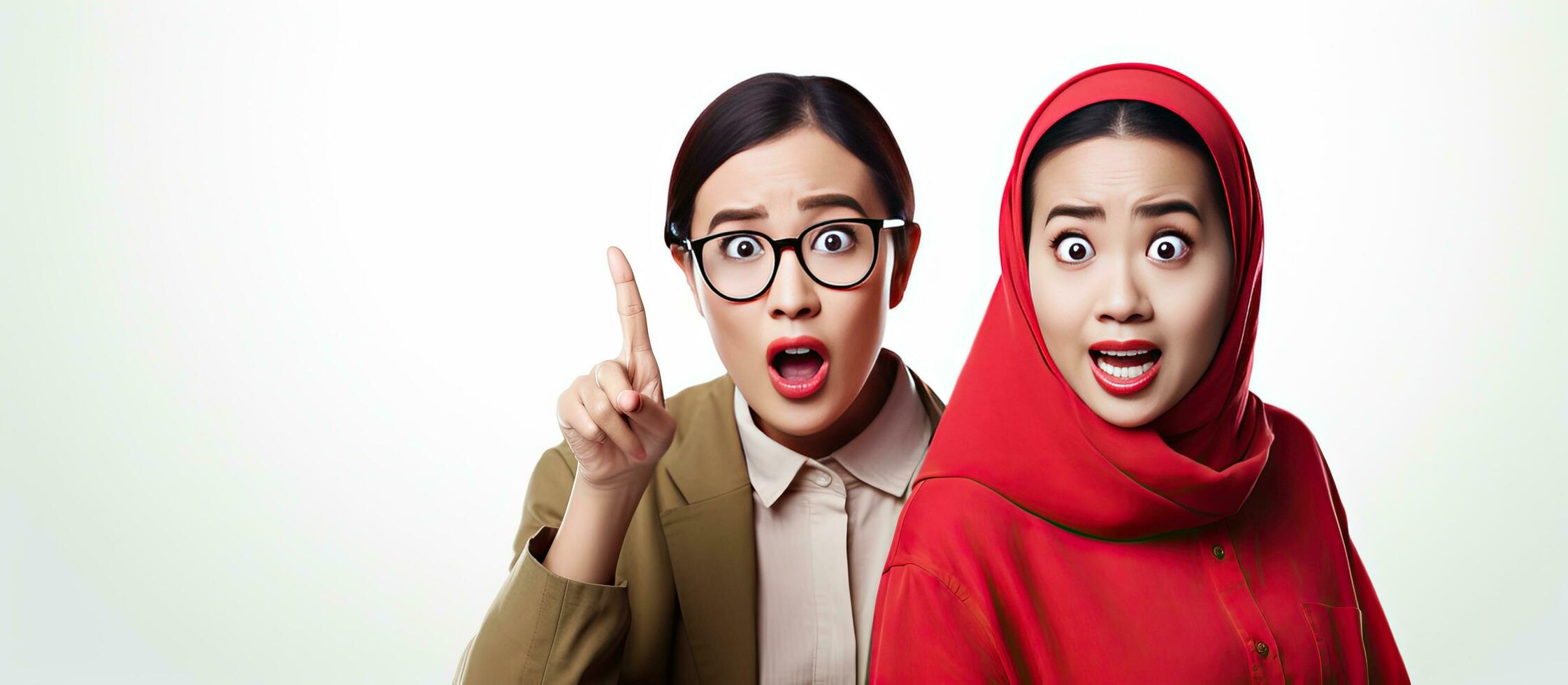 A shocked Asian muslim woman wearing white hijab and red top and pointing copy space beside her isolated by white background Indonesia s independence day photo