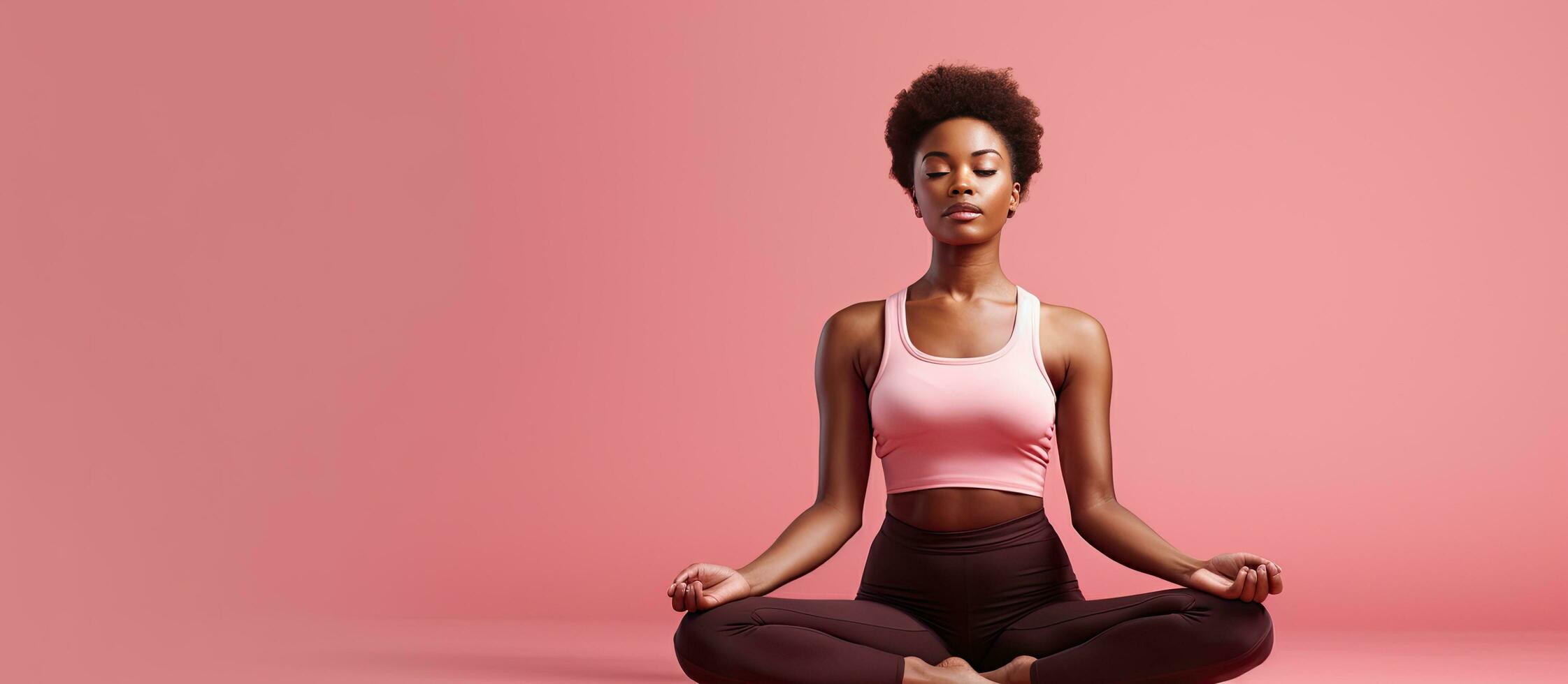 Serene woman in athletic attire finding tranquility through yoga after fitness regimen seated on pink backdrop ample room for text Physical wellness and s photo