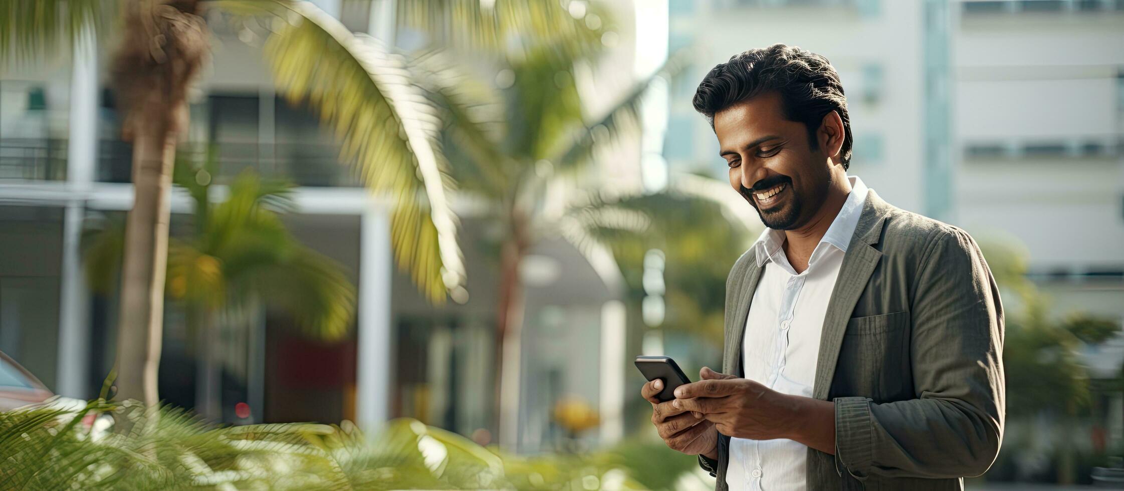 Indian man using mobile phone outside residential building reading messages with smartphone photo