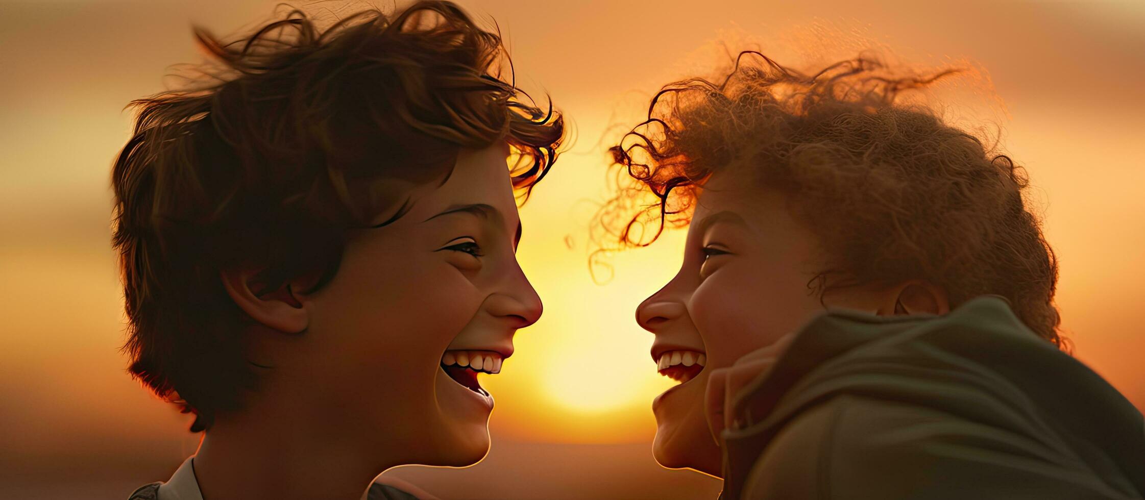 Two happy Caucasian teenagers playing during sunset in a close up shot with room for text photo