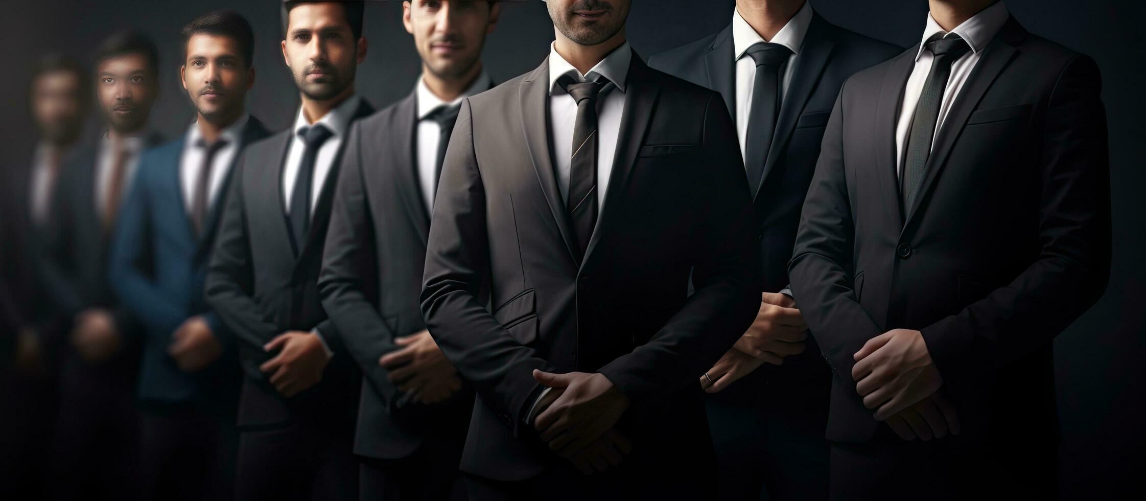 Confident multinational businessmen in row black suit hands in pocket Business start up teamwork concept photo