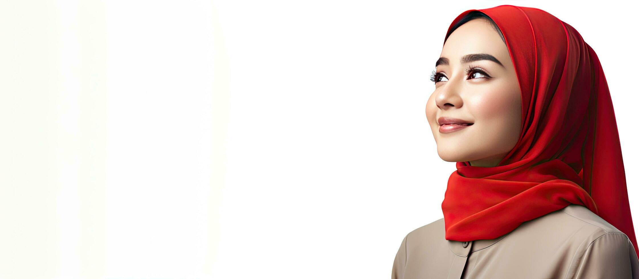 A young woman dressed in hijab and red top gazes at an idea on white background Indonesia s Independence Day photo