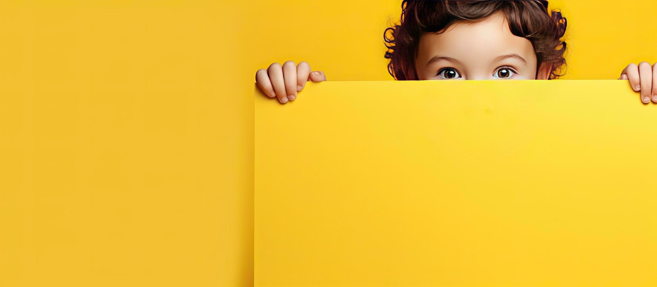Child happily holding yellow paper space for ad photo