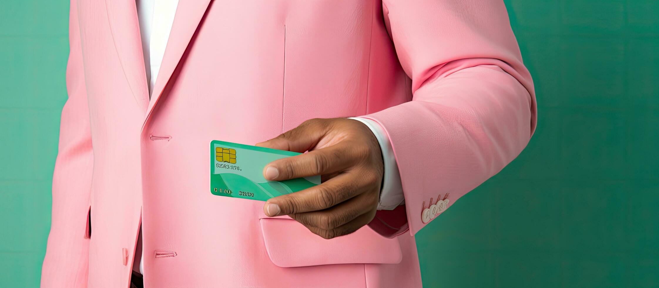 Unidentified person uses contactless payment with NFC on pink background Modern banking and finance photo
