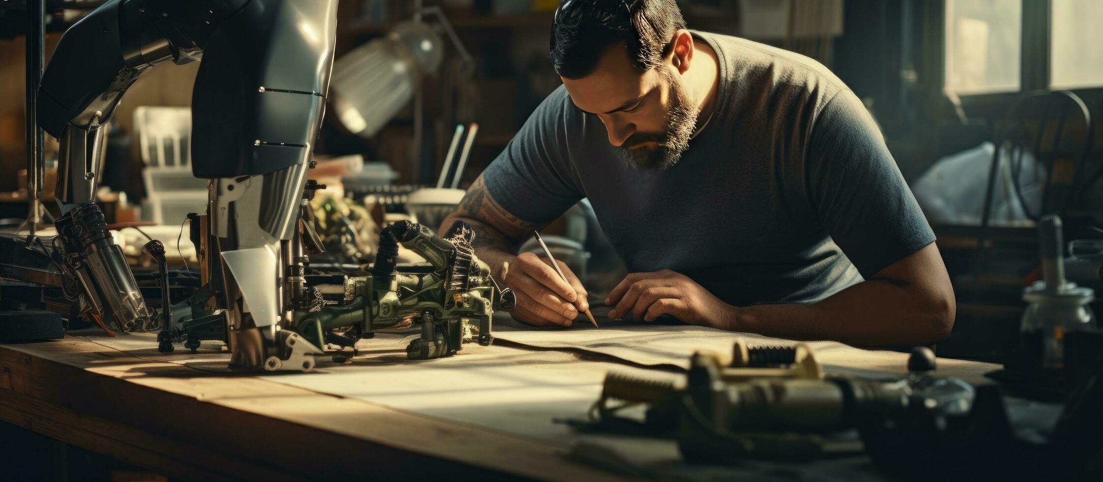 Senior man building leg prosthetics in workshop focusing on joints mechanism photo