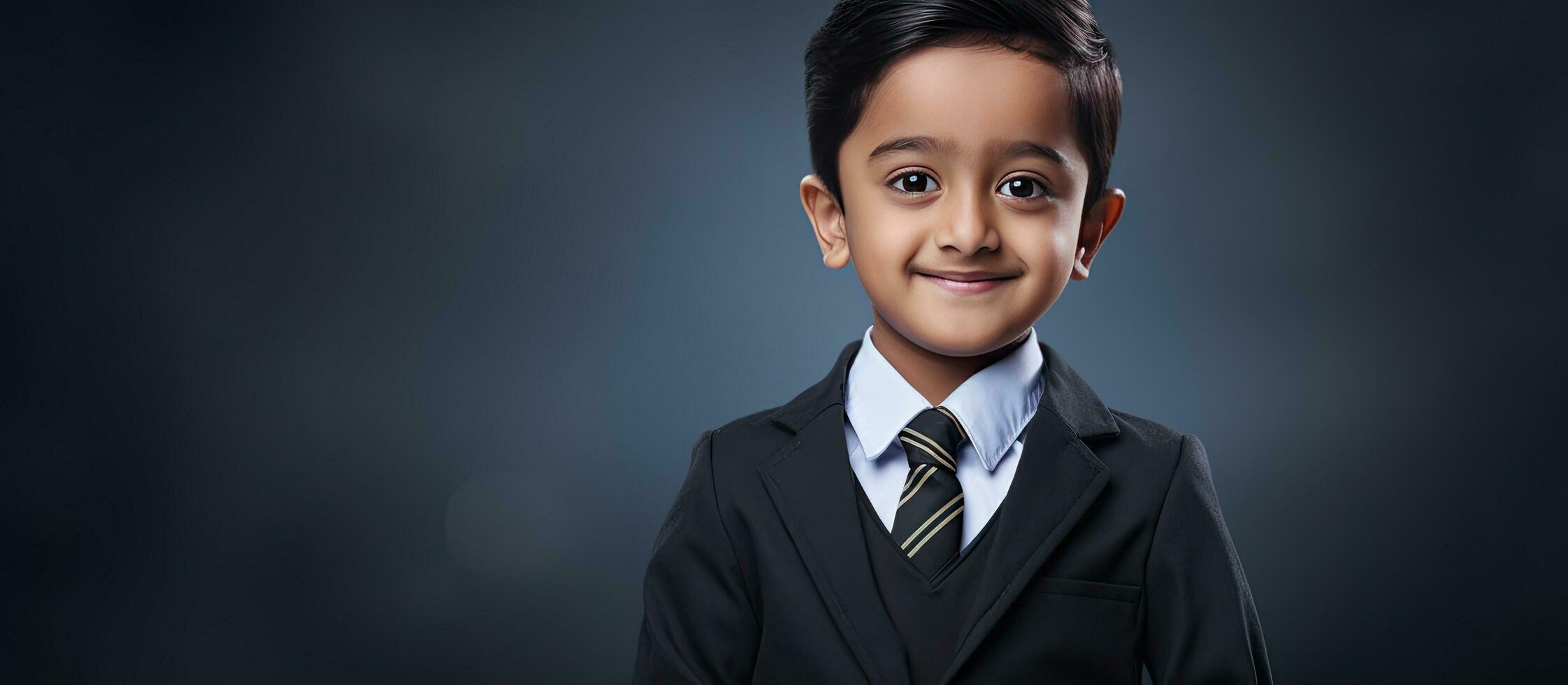 Happy Indian boy wearing school uniform in primary school with a black slate ideal for advertising products or services photo