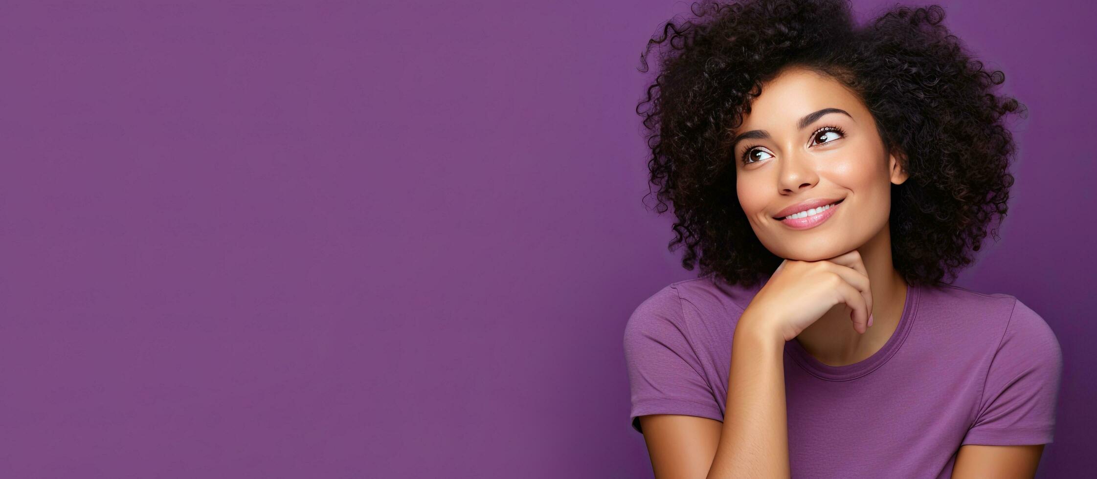 Thoughtful woman on purple background contemplates decision evaluates advertisement photo