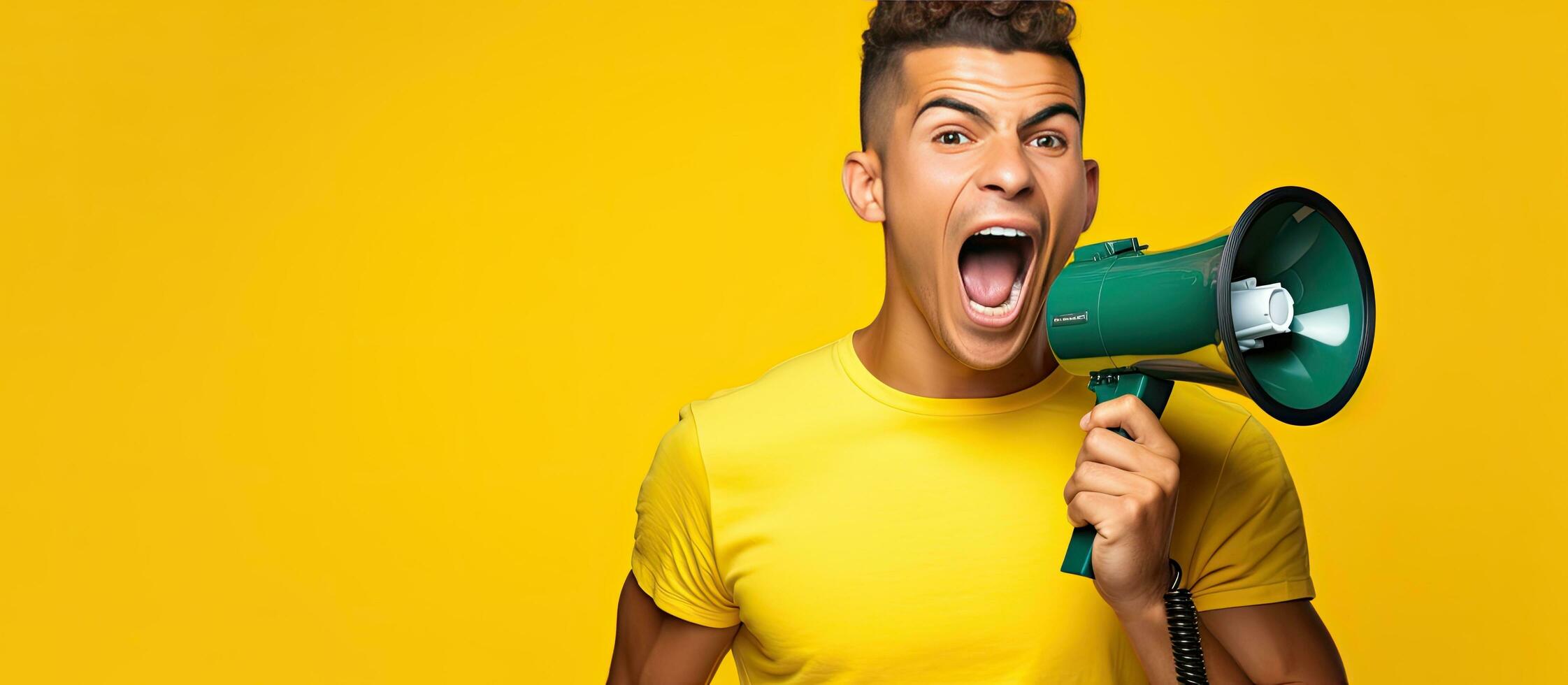 Latin man wearing printed shirt expressing sincere emotions screaming in a megaphone lifestyle concept yellow background Mock up copy space Funny and youn photo