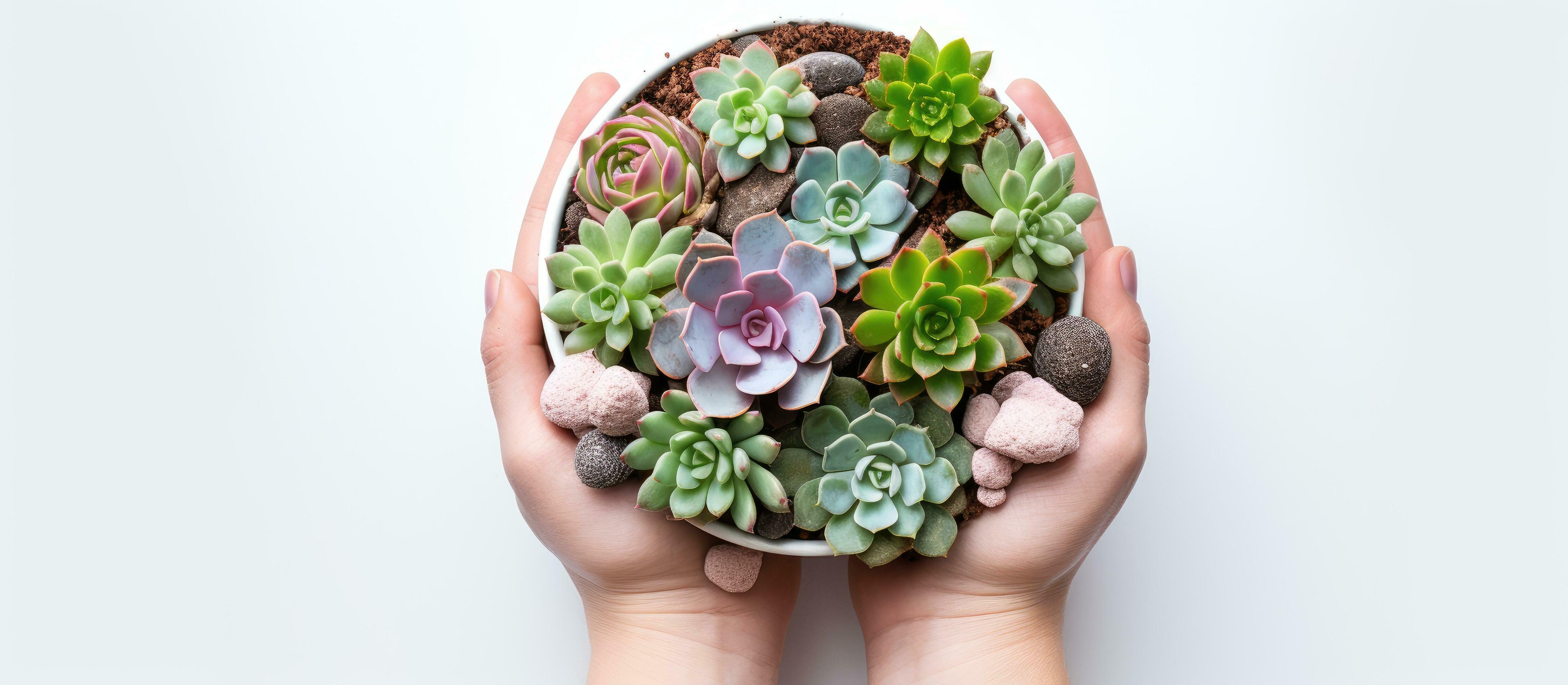 Repotting succulent Echeveria in ceramic pot with drainage rocks white