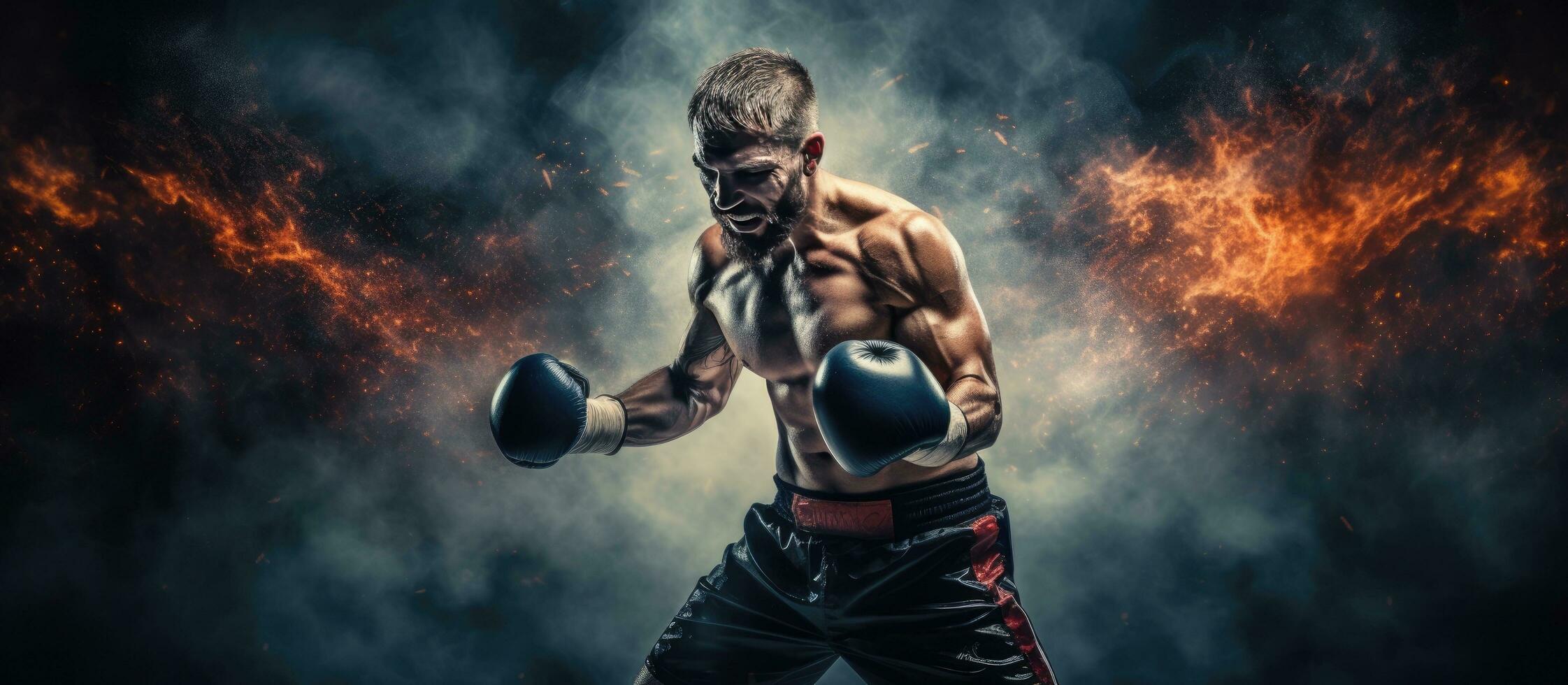 Muay Thai boxer fighting with gloves smoke and sparks in isolated background with copy space photo