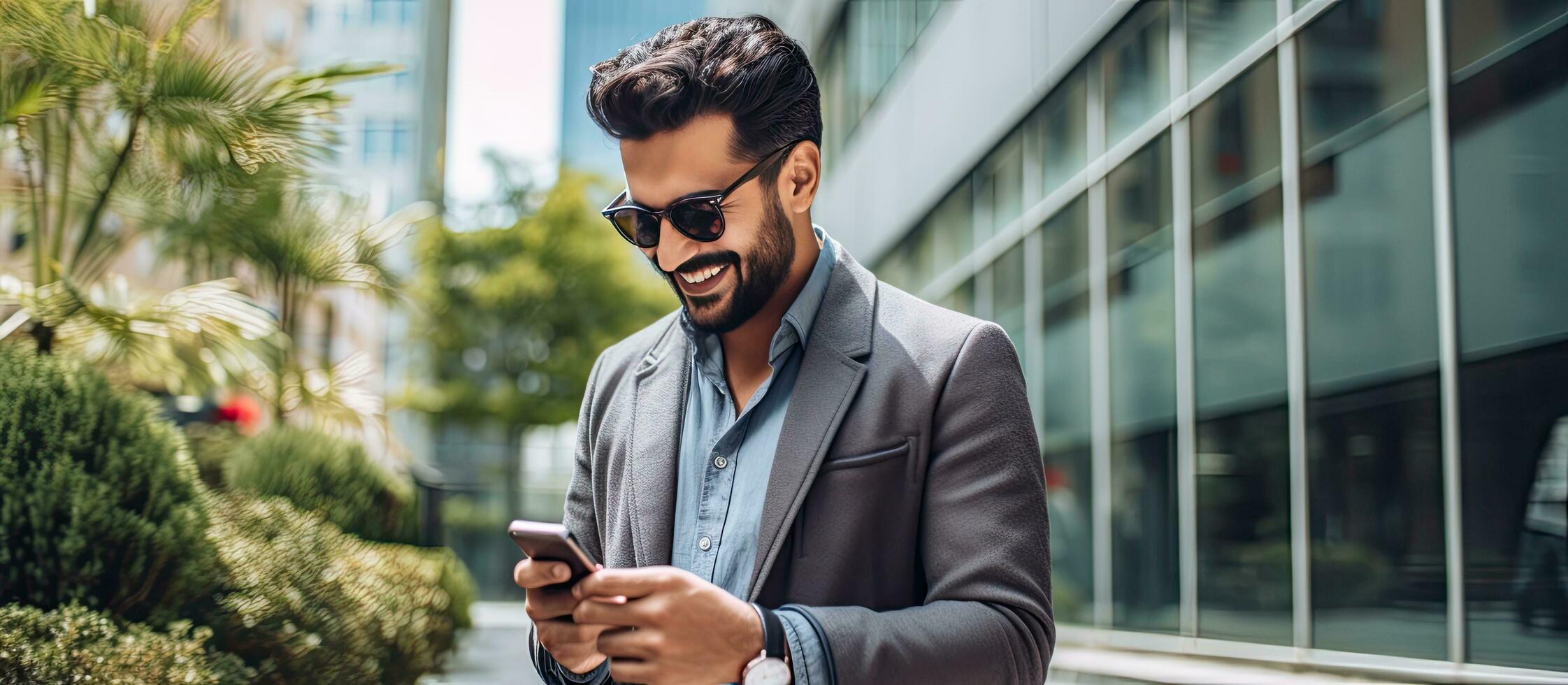 Indian man using mobile phone outside residential building reading messages with smartphone photo