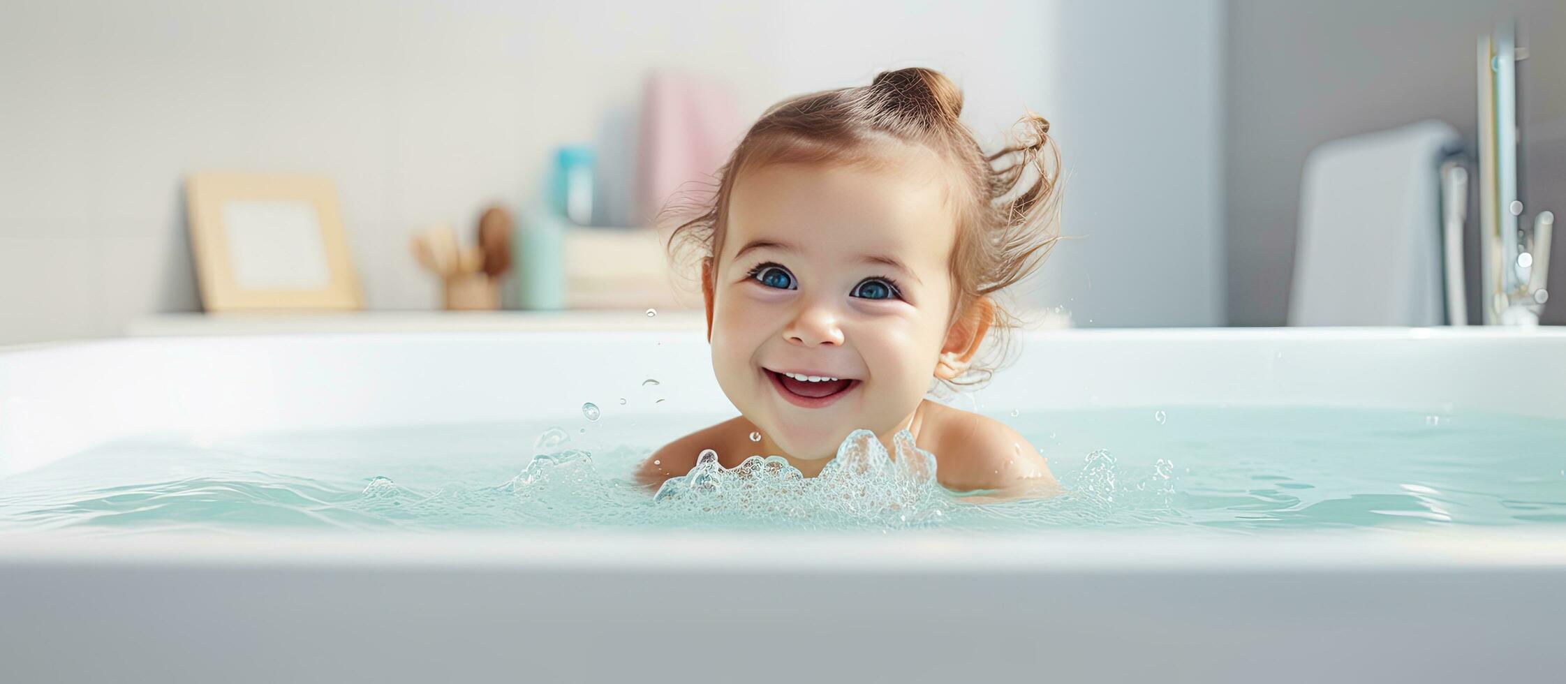 Happy Caucasian baby girl enjoying a playful bath at home promoting growth and happiness photo